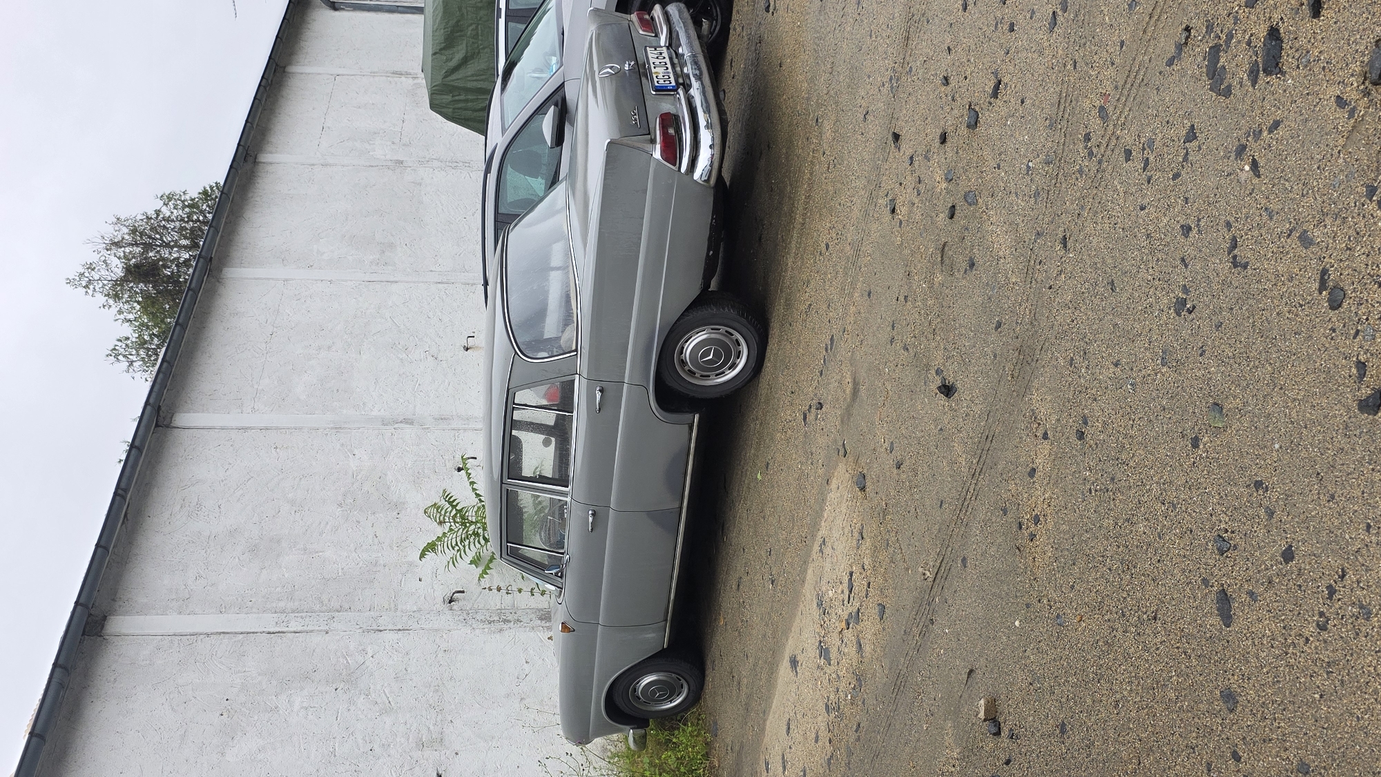 In an outdoor setting, a weathered, grey Mercedes-Benz sedan is parked on a rough, sandy surface adjacent to a textured, off-white wall. The car, appearing to be a vintage model, faces right, its rear slightly angled towards the viewer. A license plate on the rear of the car displays the inscription "GG JG 64H". Behind the Mercedes, partially visible, is another vehicle, a darker grey SUV. The wall behind the Mercedes shows signs of age, with vertical seams and patches of discoloration. A small, green plant grows at the base of the wall to the left of the Mercedes. The sky is overcast, suggesting a cloudy day. The ground is a mixture of sand and small stones, with tire tracks visible in some areas. A green tarp is draped over an object further to the right, beyond the visible portion of the SUV.