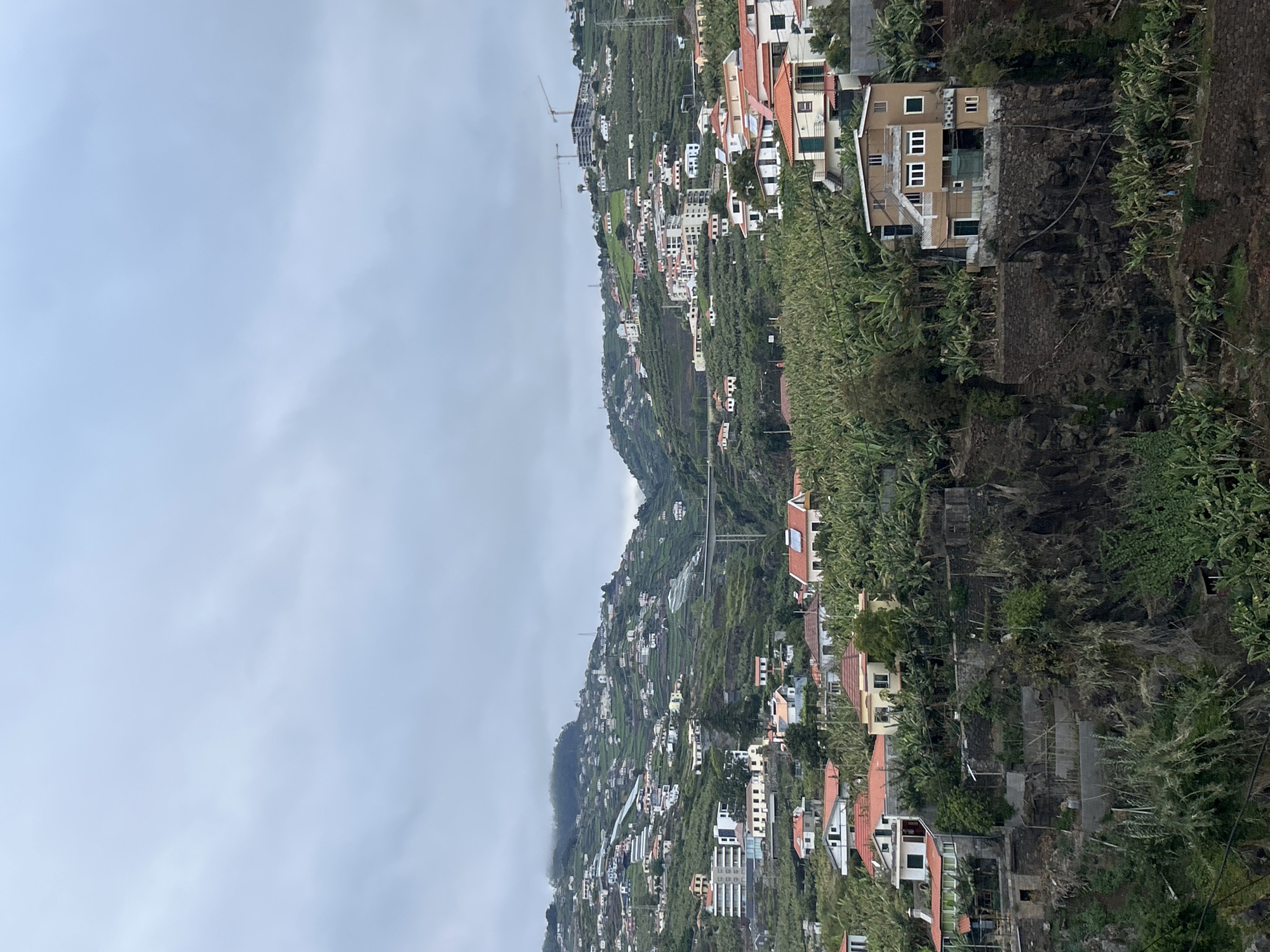 The image shows a hillside densely populated with buildings in Câmara de Lobos, Portugal. The houses and structures vary in size, color, and design, most with red tiled roofs and white or colored walls. They are interspersed among lush greenery, including trees and terraced agriculture. The terrain is hilly and steep, rising from right to left. The sky is overcast and gray, suggesting a cloudy day. A construction crane is visible in the distance. The buildings appear to be tightly packed together, conforming to the contours of the landscape. The overall atmosphere is one of a densely populated, hilly coastal region.