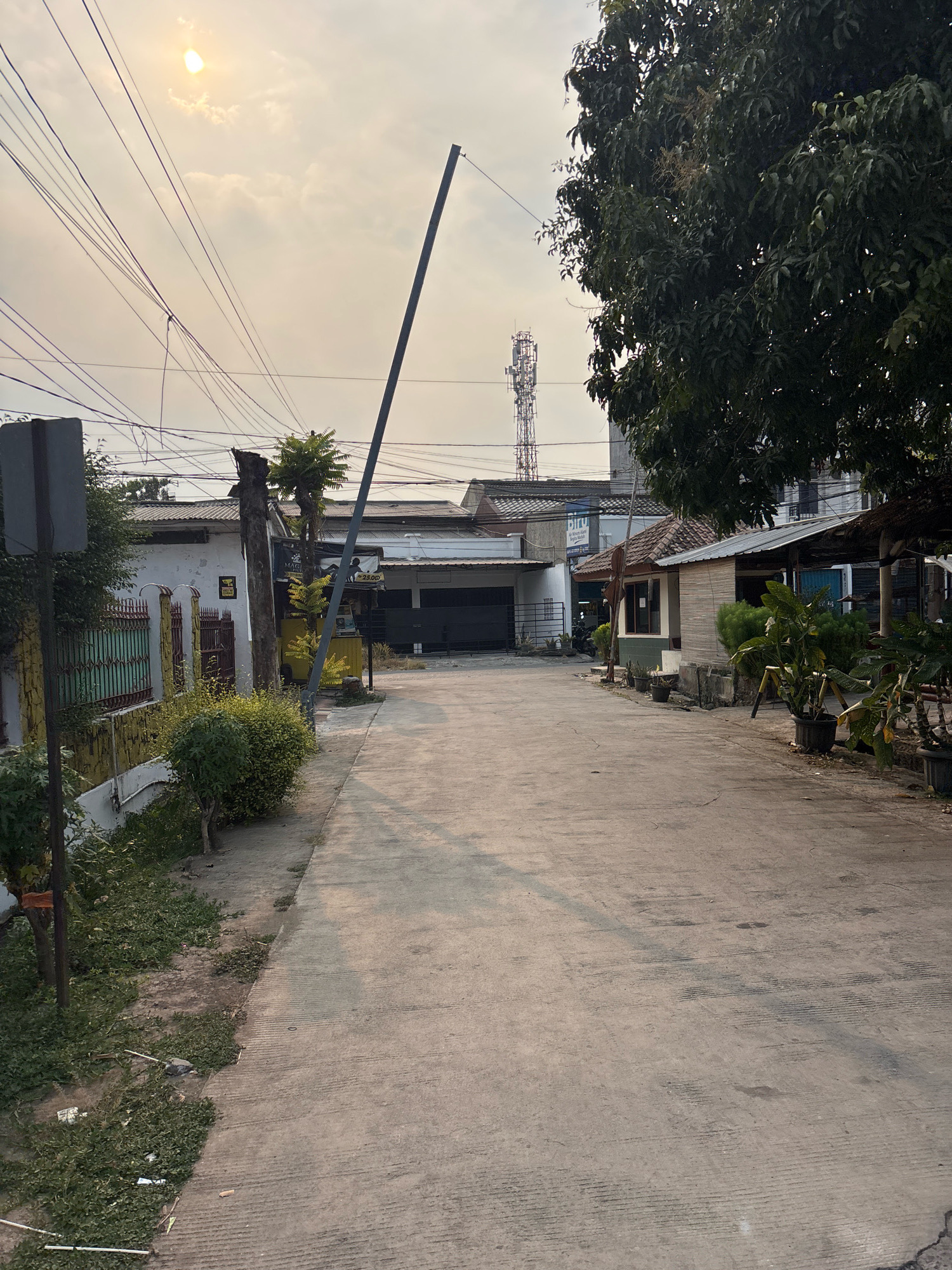 The image depicts a street in Bekasi, Indonesia, during what appears to be late afternoon or early morning, with the sun casting a warm glow in the sky and creating long shadows. The road is paved with concrete, showing some wear and tear. On the left side of the street, there is a white building with a green and yellow fence, surrounded by overgrown vegetation and some scattered debris. A tall, thin pole leans precariously over the street. Further down the street, on the right, are several small buildings, some with awnings and potted plants, suggesting commercial or residential use. In the background, a cellular tower is visible, indicating the urban setting. Electrical wires are strung across the sky, a common sight in many Indonesian cities. A large, leafy tree dominates the right side of the frame, its branches extending over the road. No people are visible in the scene.