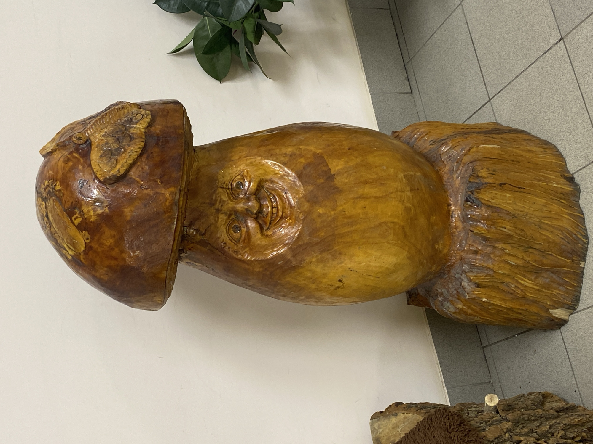 The image displays a large, horizontally oriented wooden sculpture, predominantly light brown with rich grain variations, appearing to be carved from a tree trunk. The sculpture resembles a stylized mushroom. A prominent feature is a carved human face on the side of the mushroom's stem, depicting a joyful, almost laughing expression with wide, round eyes and a broad, toothy grin. On the mushroom's cap, there is a smaller, intricate relief carving of what appears to be a stylized creature, possibly a serpent or dragon, with textured scales. The base of the sculpture retains the rough texture of natural wood bark.
The sculpture is situated indoors against a plain white wall, with a gray tiled floor visible beneath and to the right, featuring distinct grout lines. A plant with dark green leaves is partially visible in the upper left background, adding a touch of natural greenery to the indoor setting.
No specific activity or event is taking place, as it is a static image of an art piece. The carved face conveys an emotion of cheerfulness or mirth. There is no visible text in the image. The location appears to be an indoor space, possibly a gallery, office, or home.