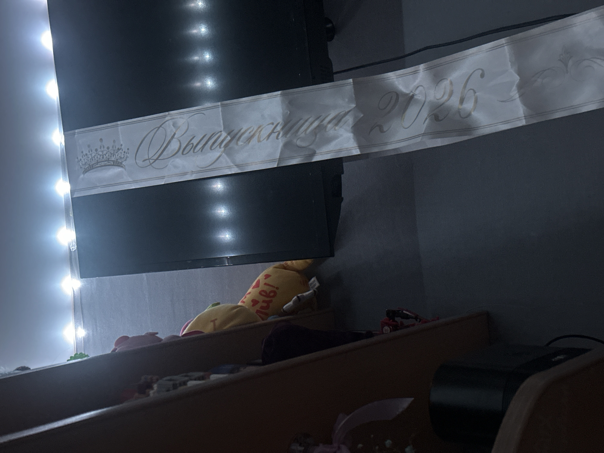 The image depicts a close-up, tilted view of a room. In the foreground, a wooden shelf unit is visible on the left side. On the shelf, a black cylindrical object, possibly a speaker or a camera accessory, is present. To the right of the shelf, a plush toy, predominantly yellow with red hearts, is partially visible. The toy appears to have text on it, with the visible portion reading "Ив!". Further to the right, a large black flat-screen television is mounted on the wall. Draped across the television is a white sash with golden lettering and a crown emblem at the top. The sash reads "Праздник 2026" which translates to "Celebration 2026". The room is illuminated by a string of white LED lights running along the top of the wall, behind the television. The overall scene suggests a domestic setting, potentially decorated for a celebration. The location is Petropavlovsk-Kamchatsky, Russia.