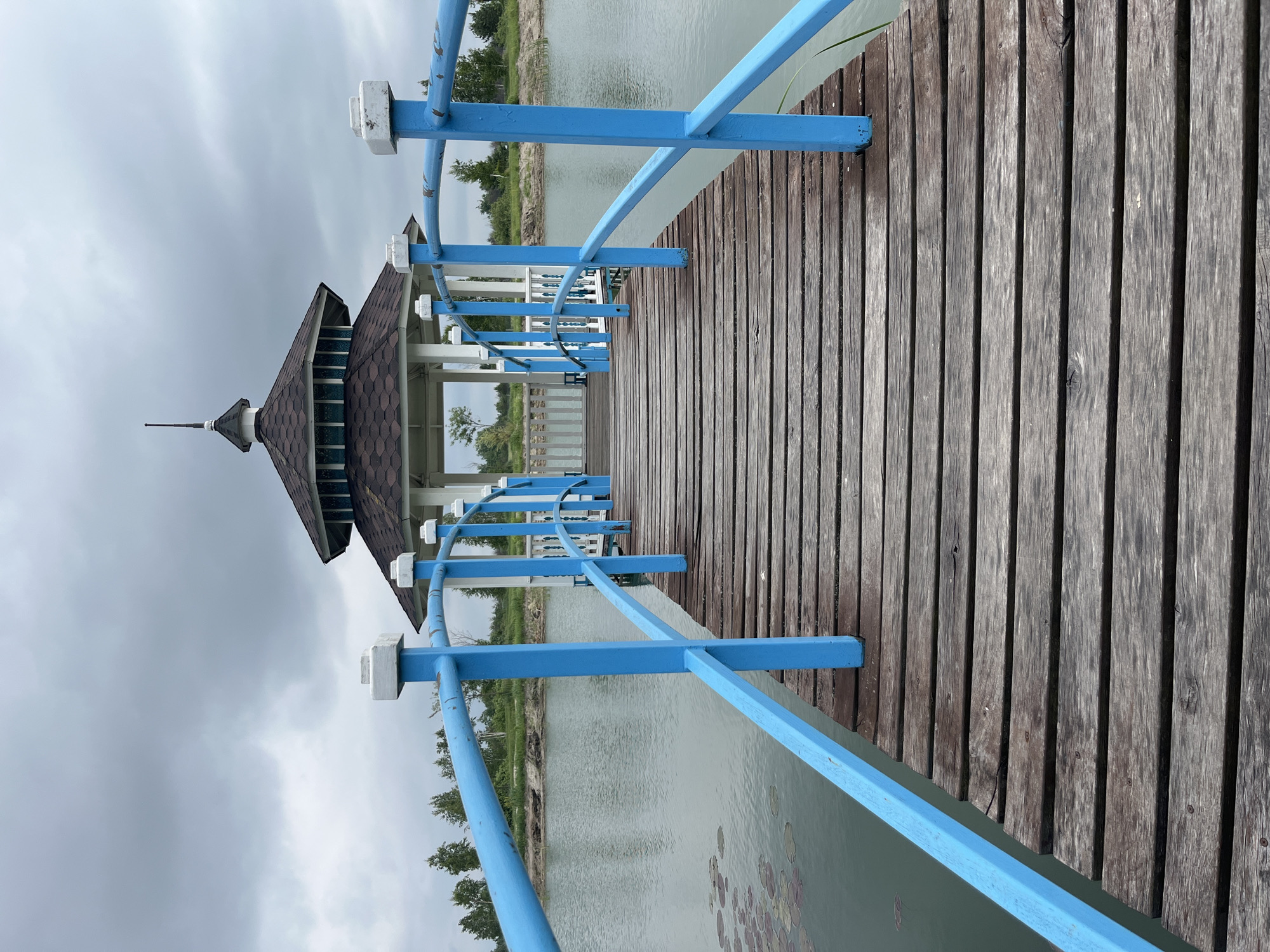 The image shows a wooden pier with bright blue railings leading towards a gazebo on a calm lake. The sky is overcast with gray clouds. Trees and vegetation line the distant shore. The gazebo has a multi-tiered roof and white pillars. The pier is constructed of weathered wooden planks. The lake has lily pads visible on its surface. The location is identified as Severynivka, Ukraine.