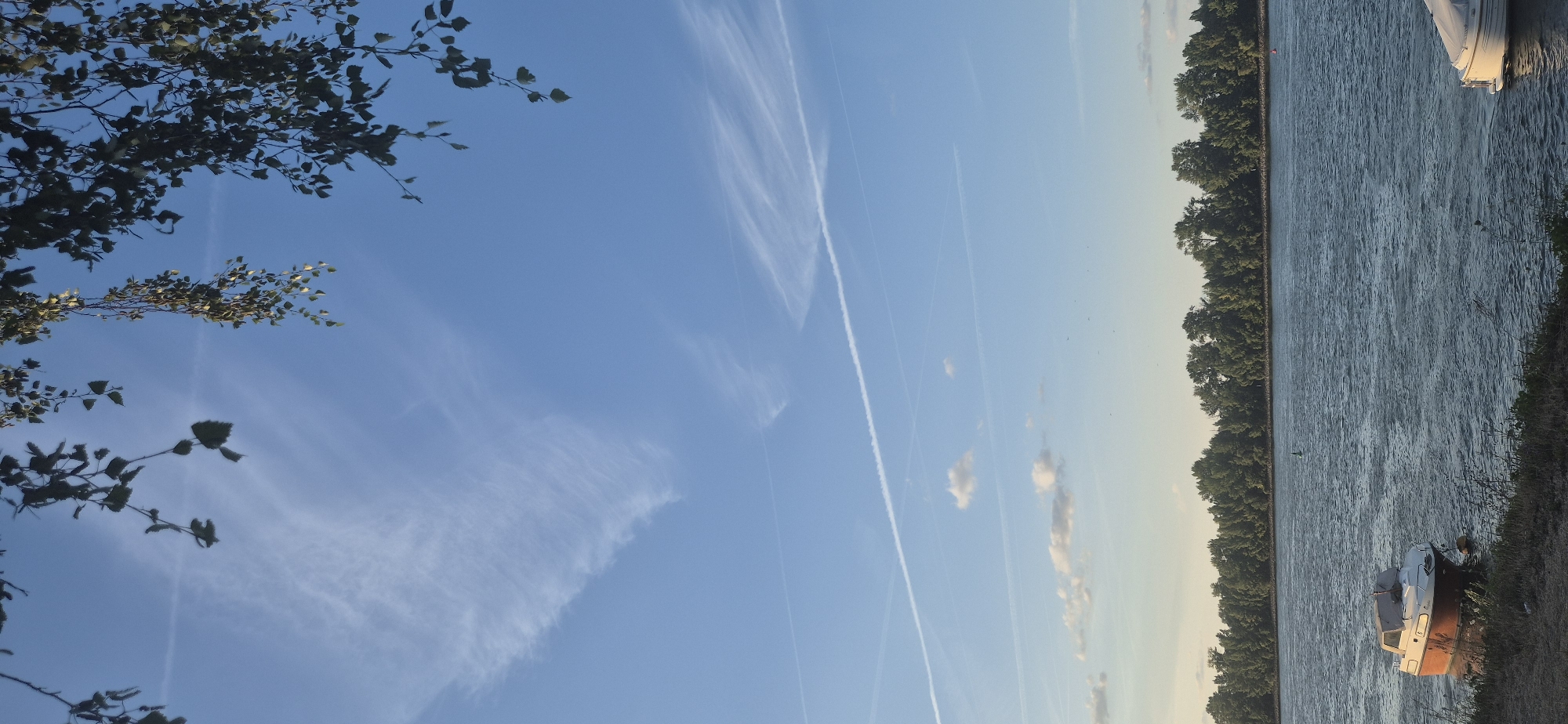 A vertical, wide-angle, eye-level, full shot captures a serene river scene with a clear blue sky, framed by leafy branches from the top. The sky features scattered wispy clouds and multiple thin contrails from airplanes, creating a dynamic pattern. In the foreground, a small, white and orange boat with a canopy is moored near the grassy bank on the left side of the frame. On the right side, the stern of another white boat, covered with a tarp, is visible. The river's surface is rippled, reflecting the sky and distant shore. The far bank is lined with a dense row of green trees, indicating a natural landscape. The lighting suggests it is late afternoon or early morning, with a soft glow on the horizon. This scene is likely located on the Rhine River in Mainz, Germany, given the typical landscape and presence of recreational boats on the waterway. No people are visible in the image.