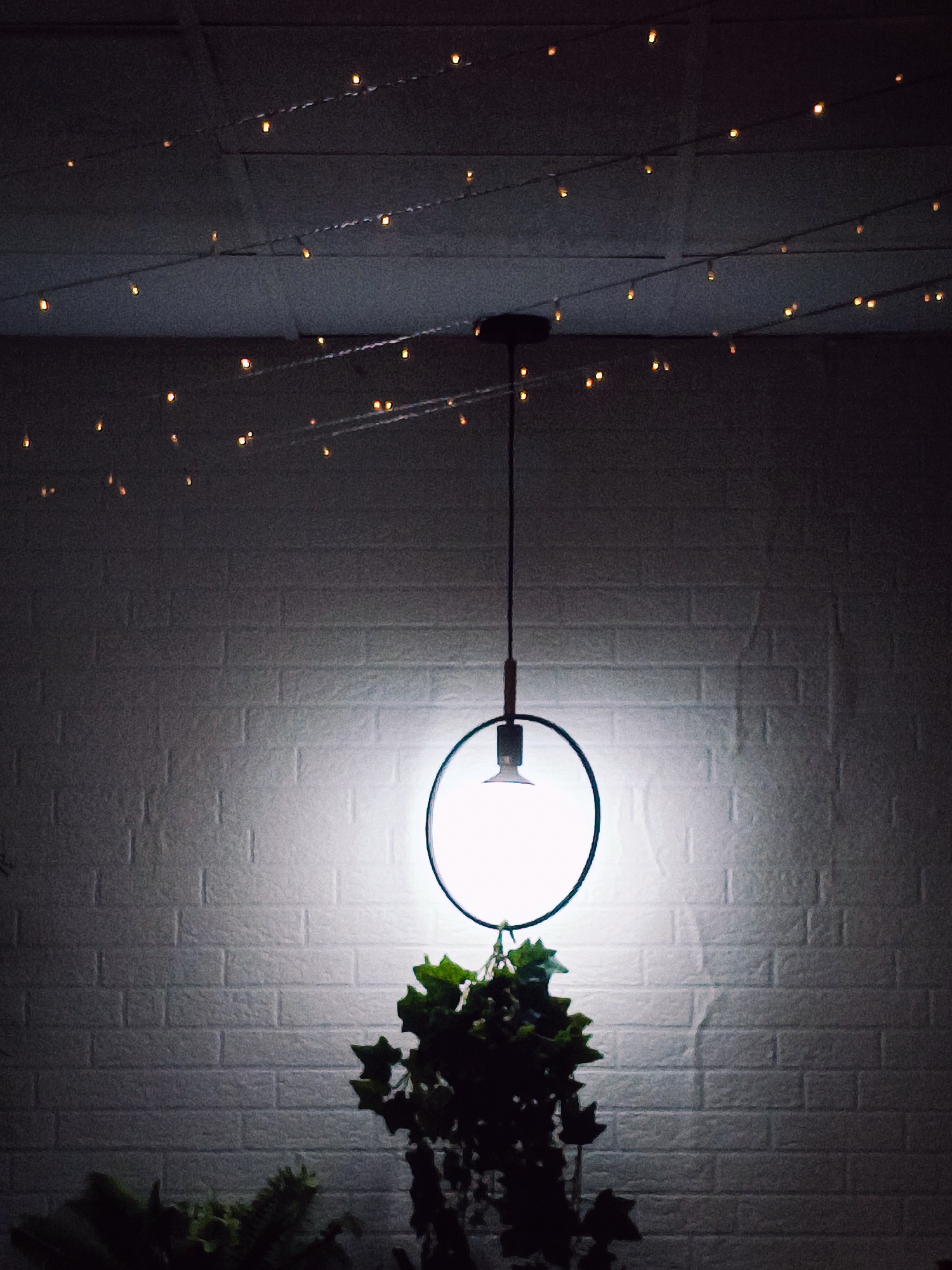 The image displays a dimly lit indoor scene, possibly a residential or commercial space, in Rafelbunyol, Spain. The ceiling is adorned with a series of small, warm-toned fairy lights strung along thin wires. A circular pendant light fixture hangs from the ceiling, illuminating a section of the white brick wall behind it. The light casts a bright glow and creates a subtle shadow on the wall. In the foreground, a portion of a leafy green plant is visible, adding a touch of natural element to the composition. The overall ambiance is atmospheric and somewhat minimalist.