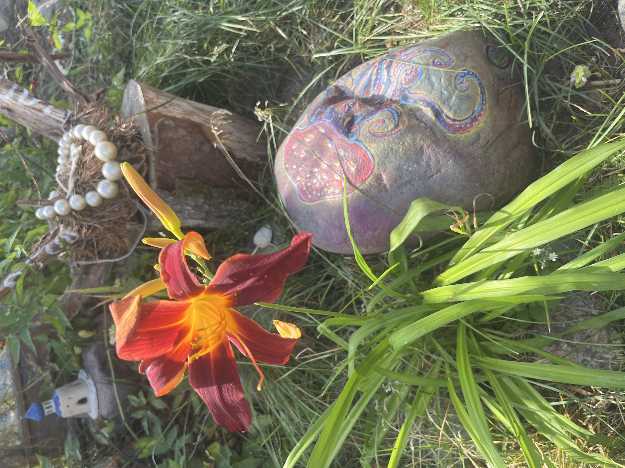 In a garden setting, a close-up shot focuses on a vibrant red and yellow lily in full bloom. To the right of the flower, a large, smooth rock is painted with colorful swirling patterns. In the background, a decorative ceramic lighthouse sits on a stone, and a strand of large pearls is draped around a piece of driftwood. The scene is bathed in natural sunlight, highlighting the lush green grass and foliage surrounding the objects. There are no people or animals visible in the image.