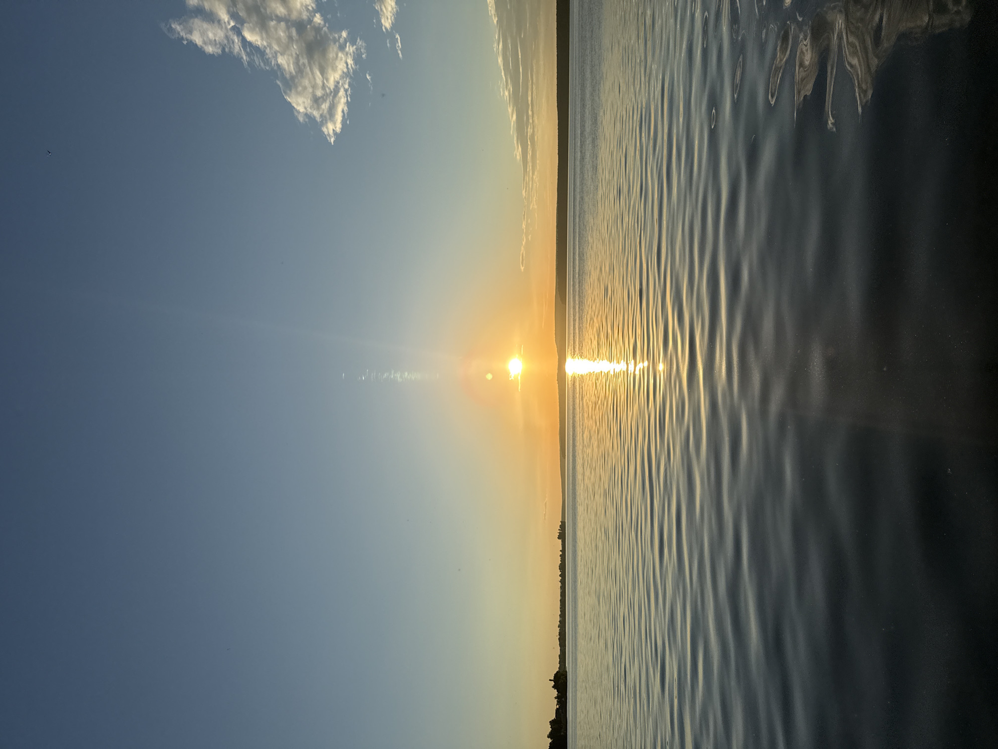 This is a vertical, medium shot photograph of a sunset over a large body of water, likely a lake or reservoir, with a distant shoreline. The sun is positioned slightly to the right of the frame's center, casting a bright, golden light across the water. The sky is a gradient of pale blue at the top, transitioning to a soft orange and yellow near the horizon, with a few wispy white clouds on the right. The water is calm, with small ripples that reflect the sunlight, creating a shimmering path towards the viewer. The distant shoreline appears as a dark, silhouetted band of land with faint hints of trees or buildings. This scene is consistent with views found along the shores of the Votkinsk Reservoir in Votkinsk, Russia. There are no people or discernible subjects in the frame.