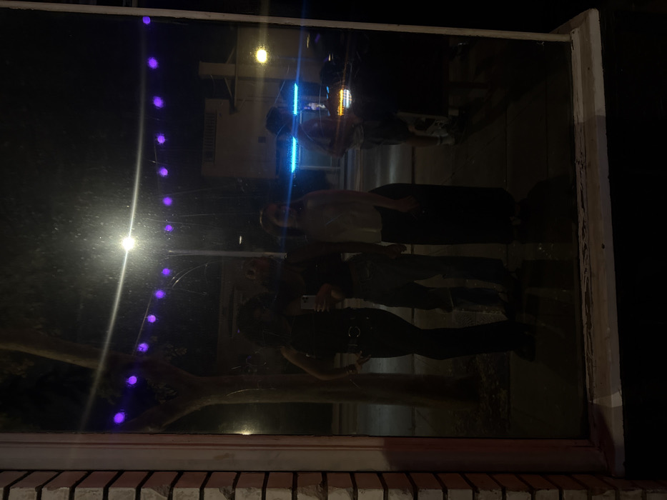 The image captures a nighttime street scene in West Hollywood, United States of America, viewed through a reflective window. Four individuals are reflected in the glass. From left to right, the first individual has dark hair and wears a dark sleeveless top, dark pants, and a dark belt with a prominent buckle; their left hand is on their hip. The second individual has dark hair, wears a dark top and light-colored ripped jeans, and is holding a light-colored smartphone in front of their torso with both hands. The third individual wears a light-colored top and a long dark skirt or wide-leg pants. A fourth individual, partially visible on the far right, wears a light-colored top and shorts.
The background, visible through the reflection, depicts an urban street environment at night. A bright white streetlight hangs in the upper center, emitting a strong lens flare. A string of approximately nine illuminated purple orb-shaped lights extends horizontally across the upper middle of the frame. Further right, a horizontal blue neon light or sign is visible, along with a distant yellow-orange streetlight. A tree trunk is reflected on the left side of the street. Buildings line the background. The window's framing includes a brick section on the far left and a weathered white sill at the bottom. The window glass itself shows minor streaks and dust.