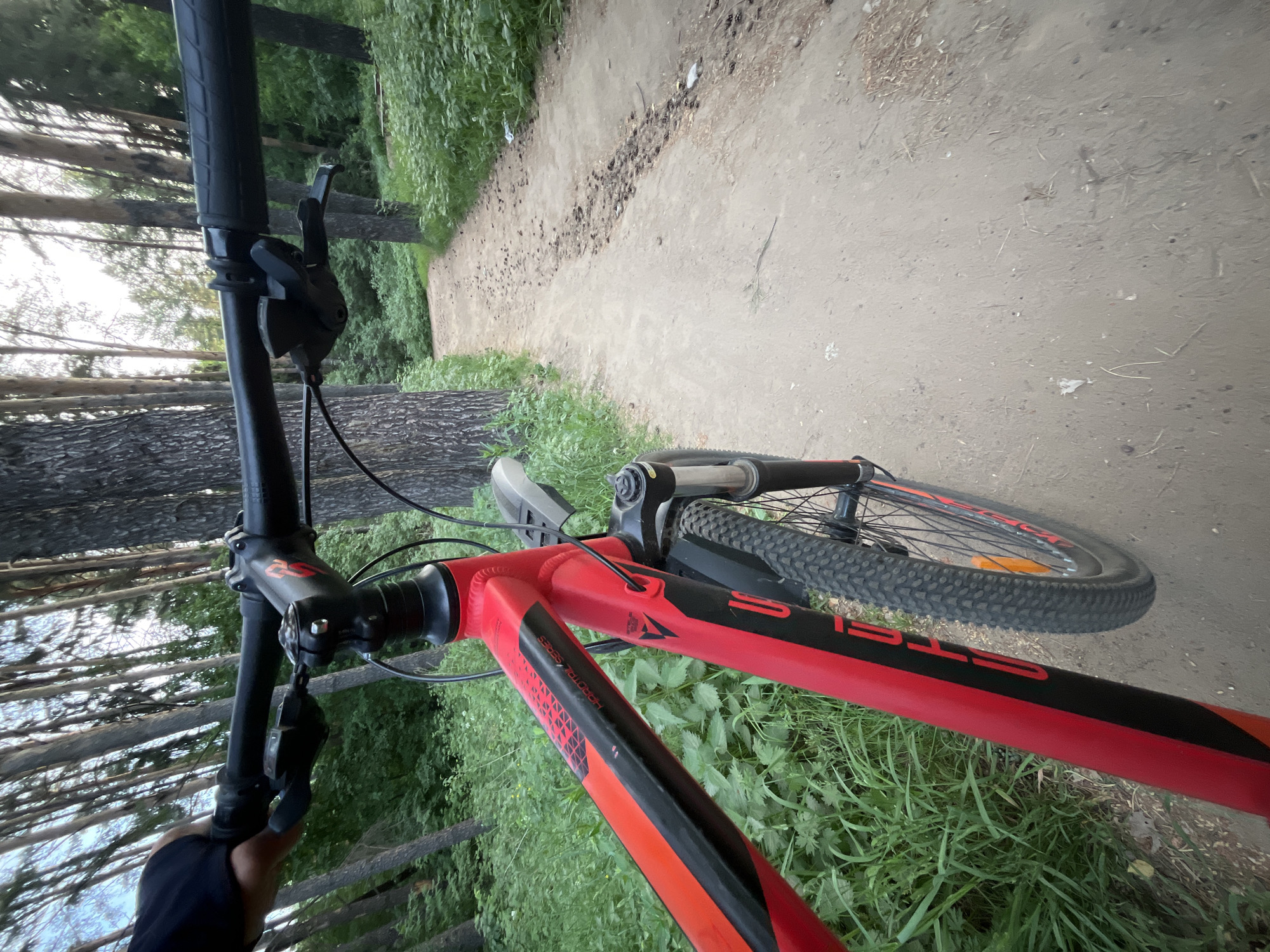 The image shows a first-person perspective of someone riding a red and black STELS mountain bike on a dirt path. The path is lined with grass and trees, possibly a wooded area. The bike is in motion, suggesting the person is actively riding. The dirt path appears to be in an outdoor area, a trail used for recreation and travel. The dirt path contains what may be a scattering of pinecones. The photograph location is Chaikovsky, Russia.