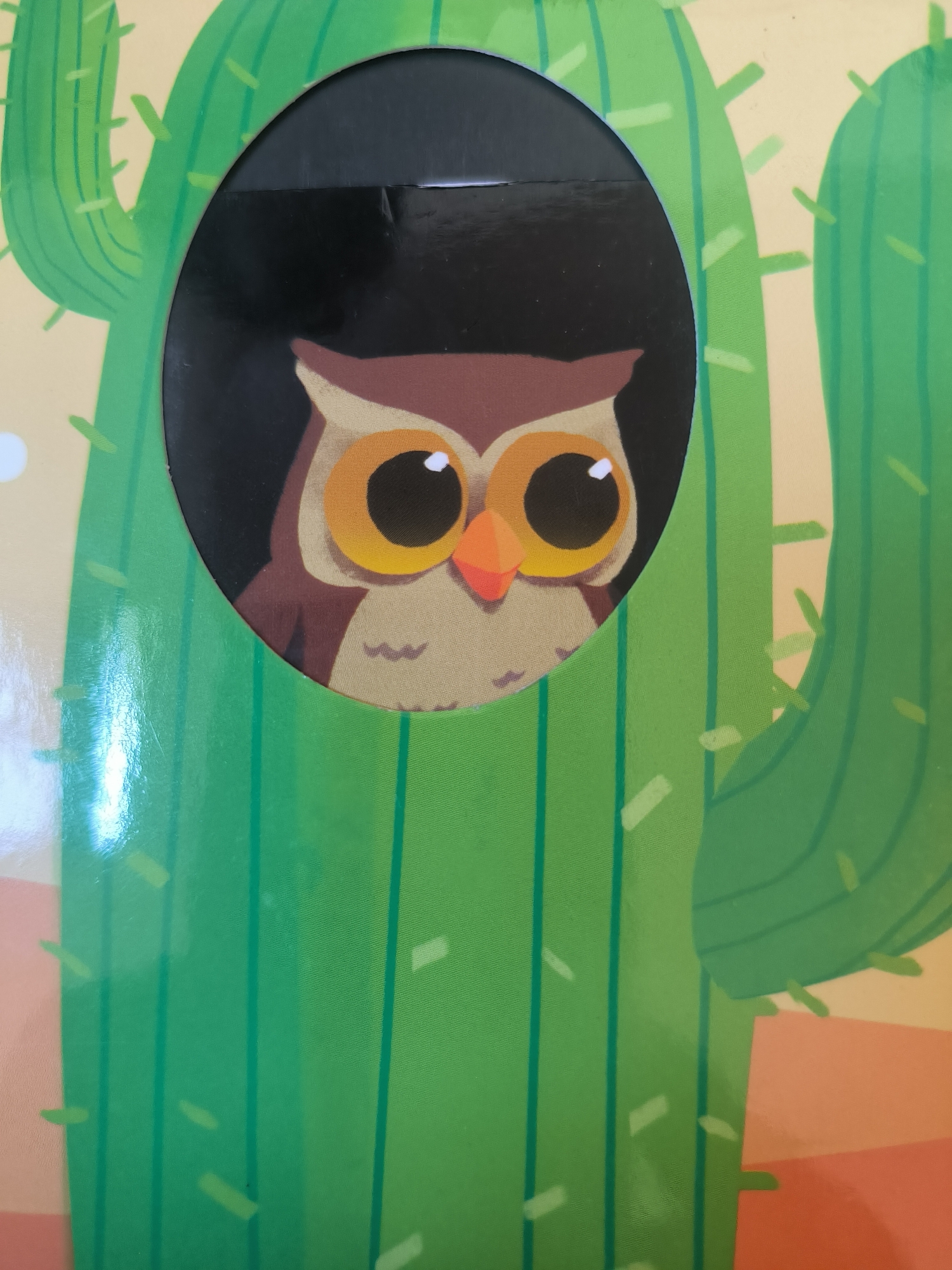 A close-up shot shows a cartoon owl peering through a circular cutout in a drawing of a green cactus. The owl has brown and tan feathers, large orange and black eyes, and a small orange beak. The cactus has green vertical lines and lighter green spines. The background is a dark color inside the cutout and a light tan color outside the cactus. The image does not provide any information to indicate it's located in Lhokseumawe, Indonesia.