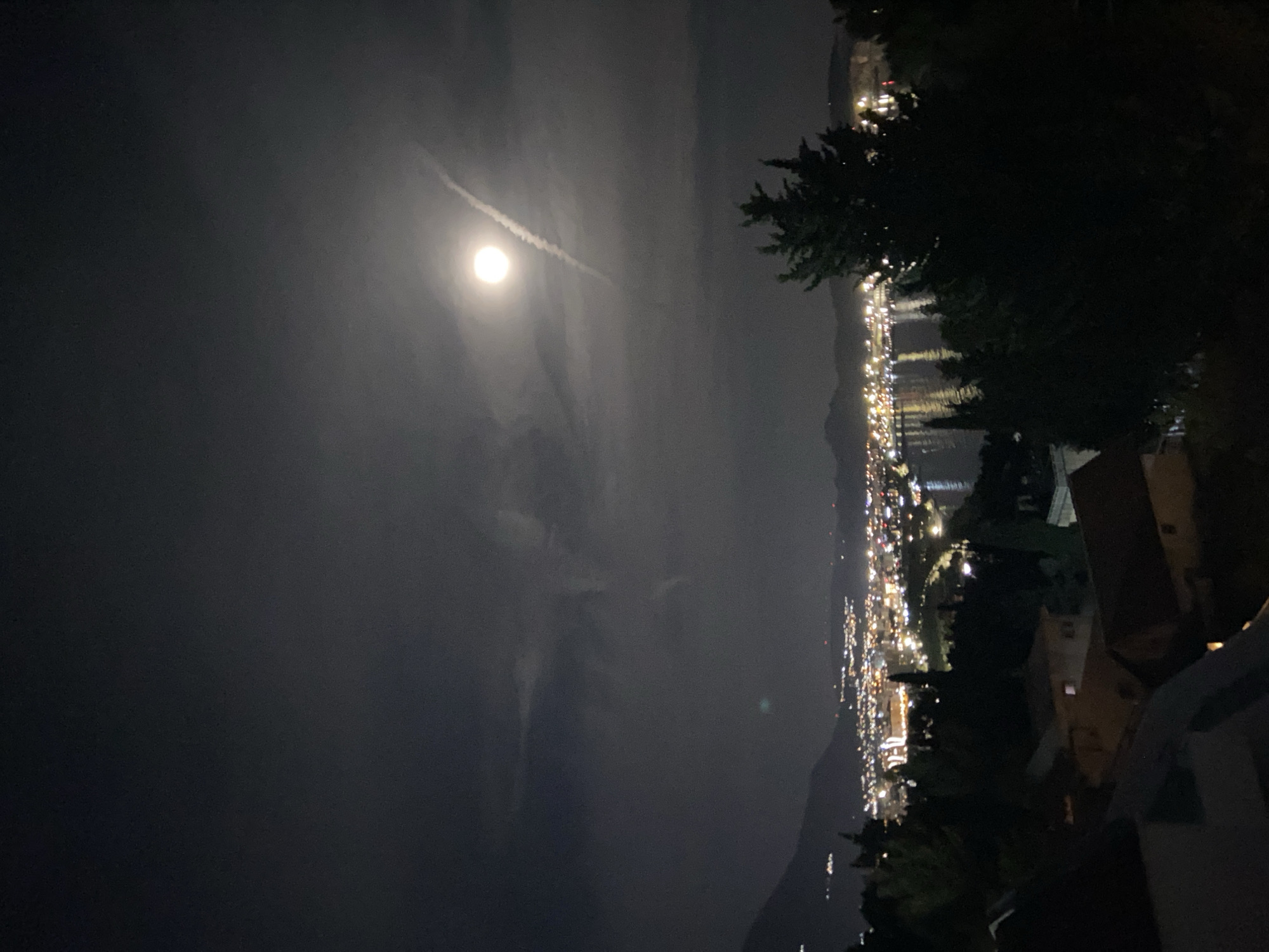 Nighttime view from an elevated position in Šušanj, Montenegro, featuring a brightly lit city along the coastline with a full moon in the sky. Trees and buildings are visible in the foreground.