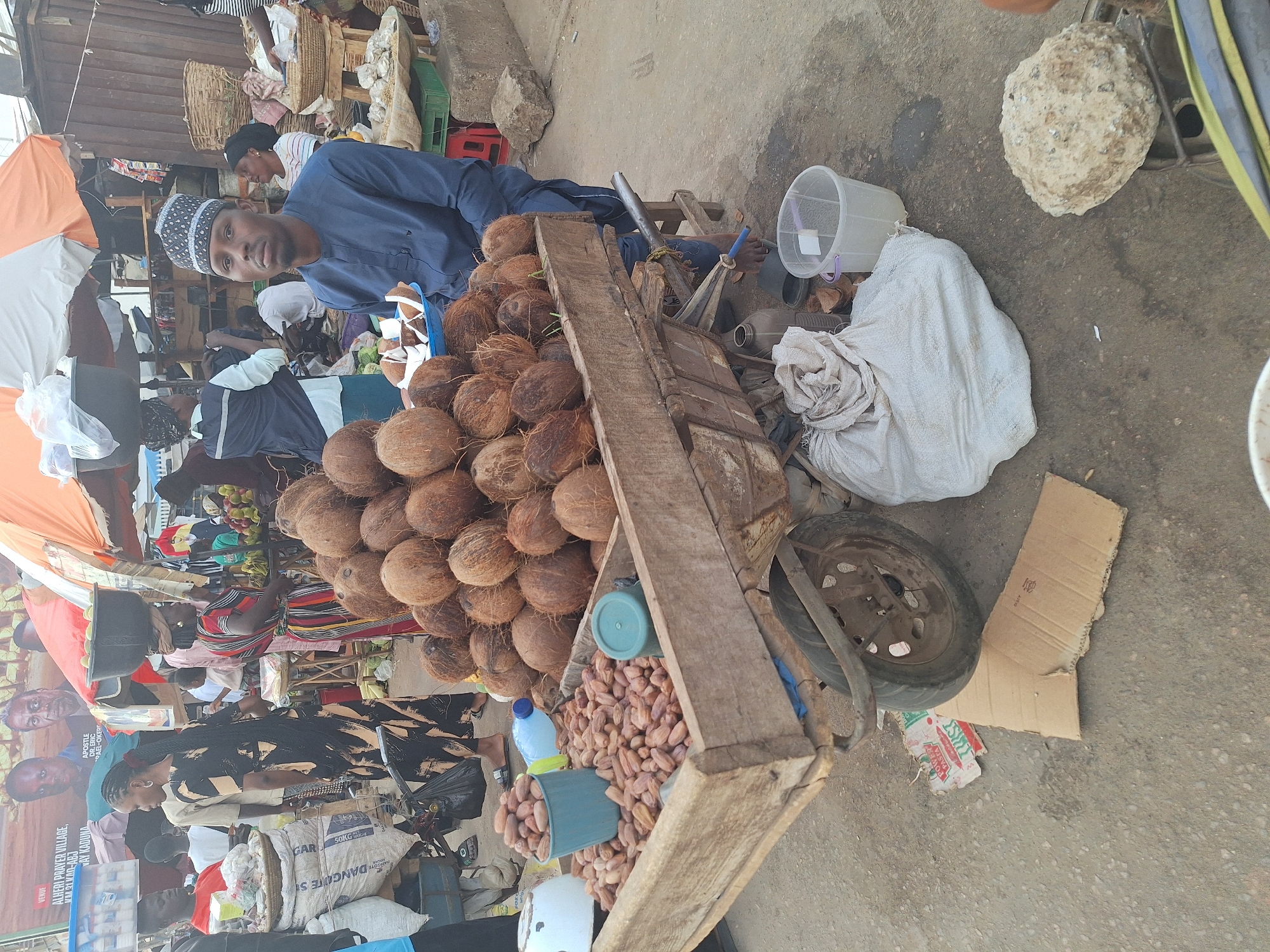 A street vendor in Sabon Tasha, Nigeria, stands next to his cart. The cart is heavily laden with coconuts and peanuts. The vendor wears a blue shirt and a patterned cap. He is looking at the camera.
The background is a bustling market scene with people and goods. Sacks of "DANGOTE S" are present. Posters with the text "ALHERI PRAYER VILLAGE, KM 31 KAN-ABJ WAY KADUNA", along with the name "APOSTLE DR. ERIC PAEL-OKER", are partially visible.