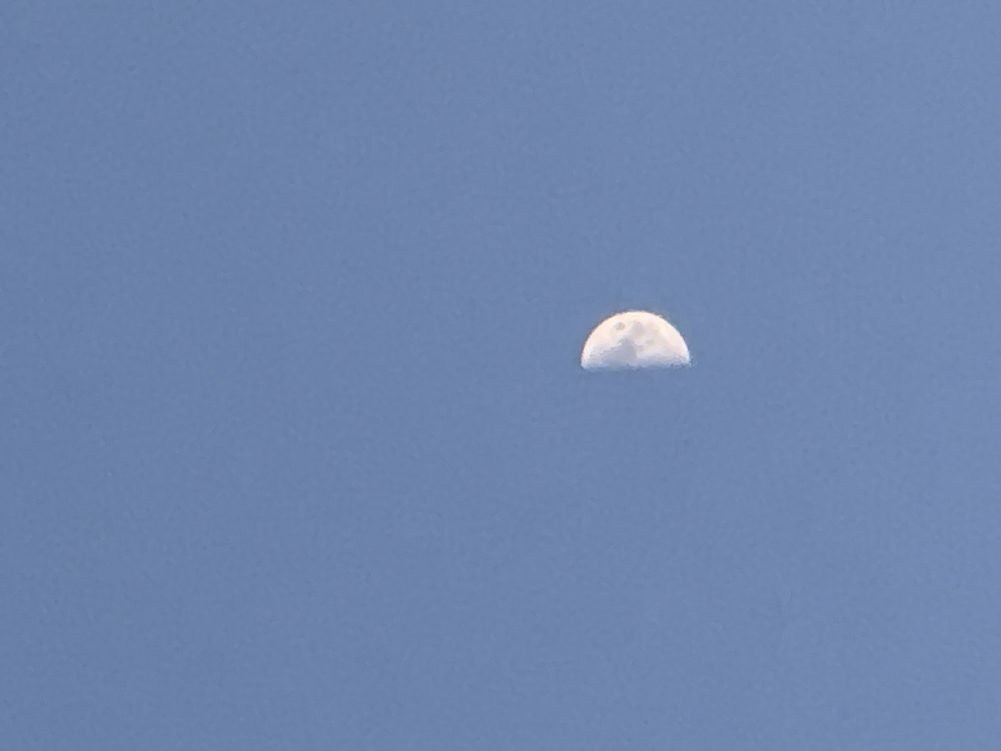 The image shows a half moon in a blue sky. There is no evidence to suggest the location is in Chaikovsky, Russia or any other city. There are no people, objects, actions or interactions in the image besides the moon in the sky.