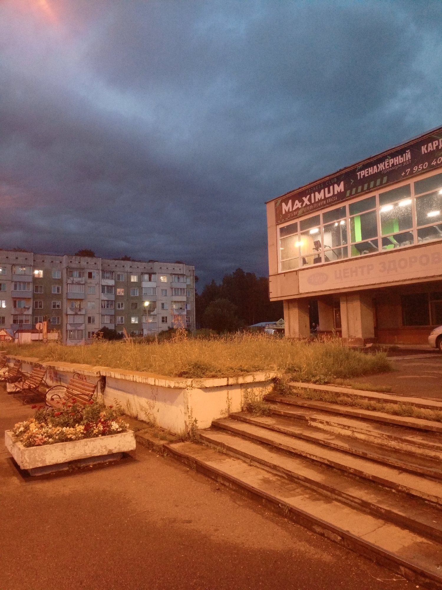 The image depicts an outdoor urban scene at dusk in Zheleznogorsk, Russia. In the foreground, there is a concrete planter box filled with colorful flowers, with several empty wooden benches behind it. A concrete walkway with stairs is visible to the right. In the middle ground, a multi-story residential building with illuminated windows stands, surrounded by dry grass and vegetation. To the right, a building with large glass windows displays gym equipment inside. Signs on this building read "FITNESS CLUB MAXIMUM" and "ТРЕНАЖЁРНЫЙ ЗАЛ" (Gym Hall), along with a phone number. The sky is dark and overcast with dramatic clouds, suggesting the approach of evening or stormy weather.