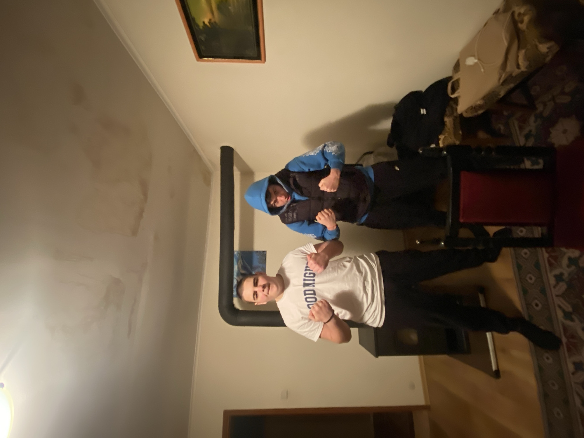 Two young men are posing inside a room. The first man, in the foreground, is wearing a white t-shirt that says "GOOD NIGHT" vertically down the shirt. He has short hair. The second man, in the background, is wearing a blue hooded sweatshirt and a black vest. Both men have their fists up. The room contains a fireplace, a painting on the wall, a chair, and a patterned rug. The wall shows signs of possible water damage. The location is Goritsa, Bulgaria.