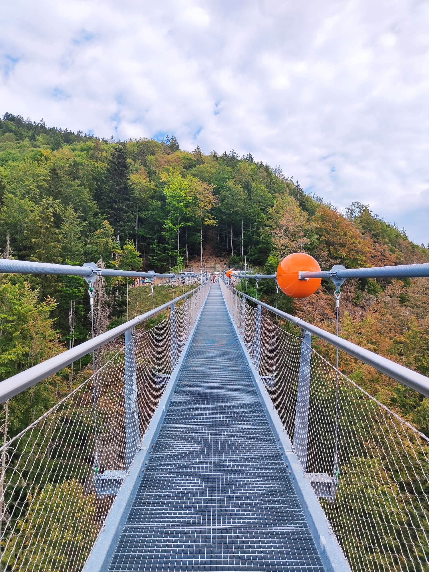 The image shows a long, narrow pedestrian suspension bridge made of metal grating and supported by cables. The bridge stretches forward into the distance, lined with metal handrails and safety netting. On the right side of the bridge, a large, bright orange spherical buoy is attached to one of the supporting cables. In the background, a lush green and autumn-colored forest covers a hillside under a partially cloudy sky. Several people are visible on the bridge in the distance. This scene is located at the Skywalk Willingen in Todtnau, Germany.
