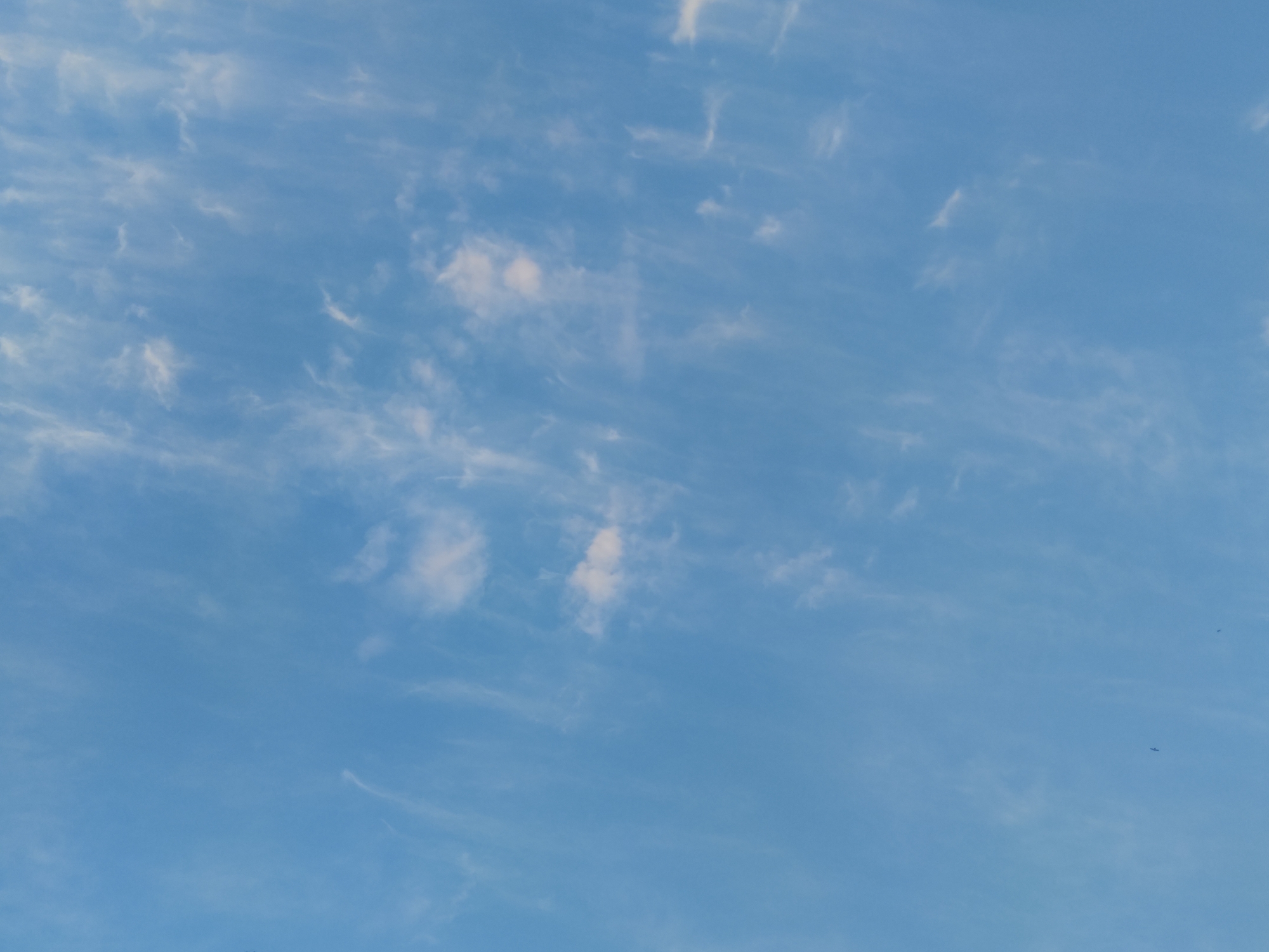 This is a photograph of a clear blue sky with scattered wispy white clouds. The clouds appear thin and streaky, suggesting they are high in the atmosphere. There are no visible buildings, people, or other discernible objects in the frame, except for what appear to be two tiny dark specks, possibly birds, in the lower left portion of the image. The lighting suggests it is daytime. The location is unknown.