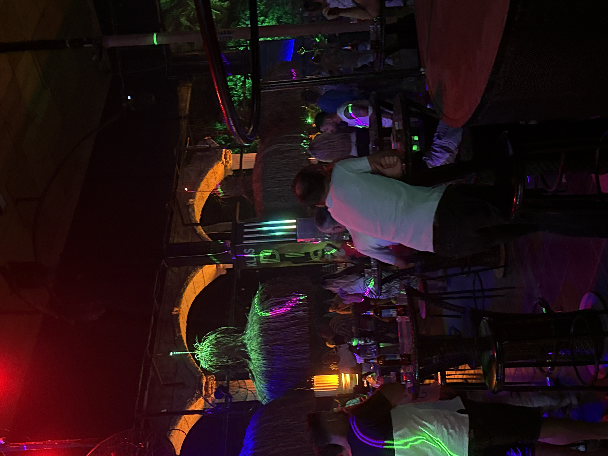 This is a photograph taken at night inside a crowded bar or club in Alanya, Turkey. The venue is dimly lit with neon and colored lighting, creating a vibrant and energetic atmosphere. In the foreground, several people are visible, some standing and some seated at high-top tables. One man in the foreground, facing away from the camera, wears a black t-shirt with a white and green stripe on the sleeve. He is standing near a table with bottles on it.
Behind the patrons, the bar area is visible, featuring thatched roofing structures that appear to be part of the decor. Large, green, grass-like sculptures hang from the ceiling, illuminated by neon lights. The walls appear to be made of stone or brick, with archways visible in the background. Some people are dancing or socializing in the background. The overall scene depicts a lively night out in a popular establishment.