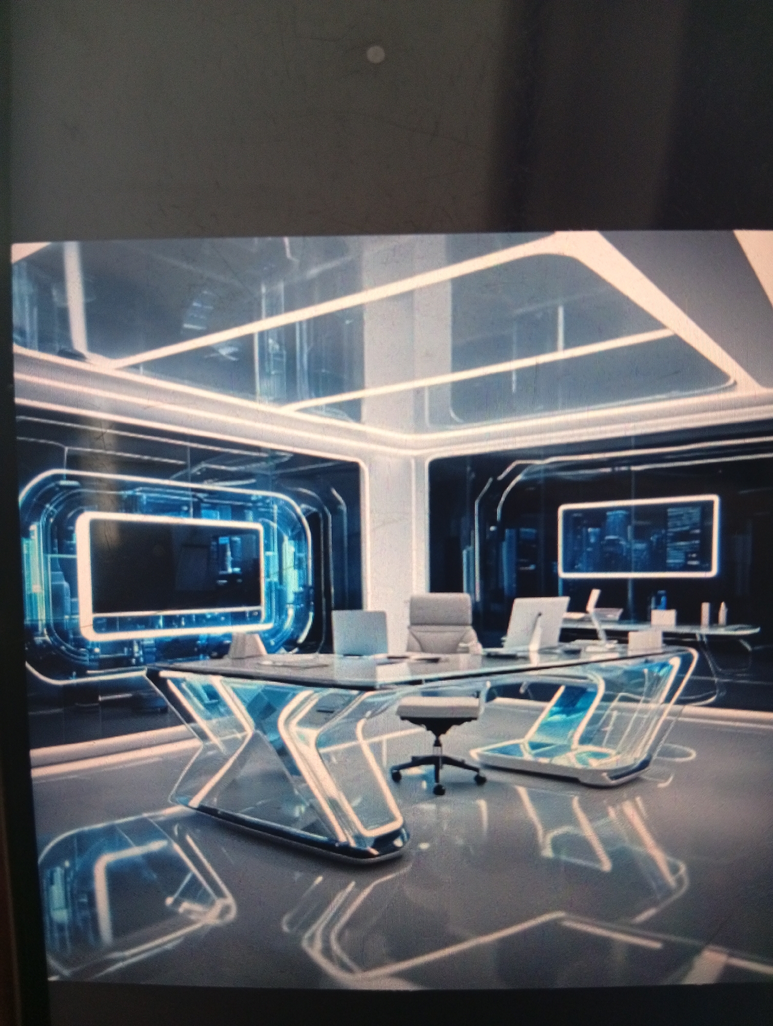 The image depicts a futuristic, high-tech office interior. The walls are lined with large screens displaying abstract, geometric patterns. A long, transparent desk with an "X"-shaped support structure dominates the center of the room. There are several chairs visible, including a gray office chair and transparent chairs with a blue accent. Laptops are positioned on the desk. The ceiling features illuminated geometric patterns. The scene does not appear to be located in Dutsen Alhaji, Nigeria, or any specific real-world location. It is a generic representation of a futuristic environment.