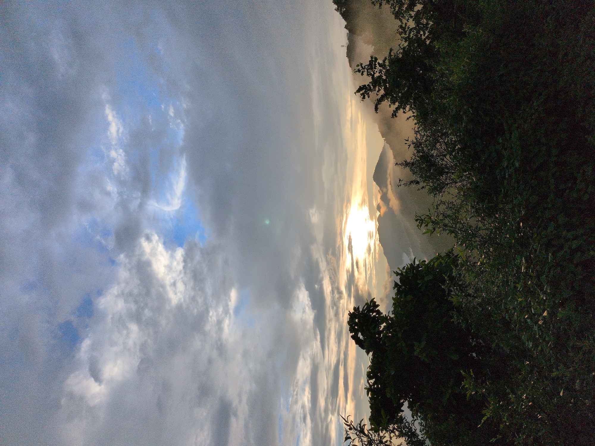 This is a vertical, full-frame shot of a mountain landscape at sunset, possibly in Kapurkot, Nepal. The sky is filled with dramatic, gray and white clouds, with patches of blue sky visible. The sun is setting behind a range of mountains, casting a warm, golden glow over the scene and creating a hazy, atmospheric effect in the valleys. In the foreground, lush green trees and bushes are silhouetted against the brighter sky, with some leaves catching the light. The mountains in the distance are shrouded in mist and fog, obscuring any details of settlements or specific landmarks. The image captures a sense of serene and majestic natural beauty.