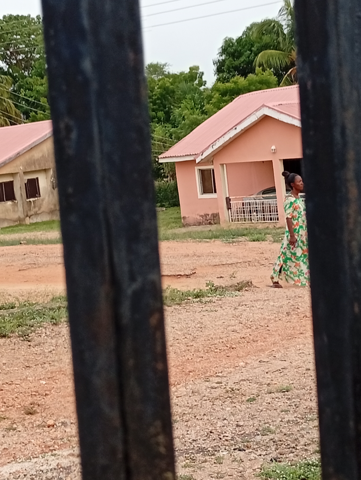 The image, likely taken in Adankolo, Nigeria, shows a woman walking on a dirt road. She wears a long, light-colored dress with green and white floral patterns. Her hair is pulled back. Behind her is a pink, single-story building with a red roof and a white railing. Another building with a red roof is visible to the left, but it appears more weathered and the windows are shuttered. The foreground is dominated by a black metal structure that obscures part of the view. The ground is dirt and sparse vegetation. Trees are visible in the background. Overhead electrical wires are visible in the sky.