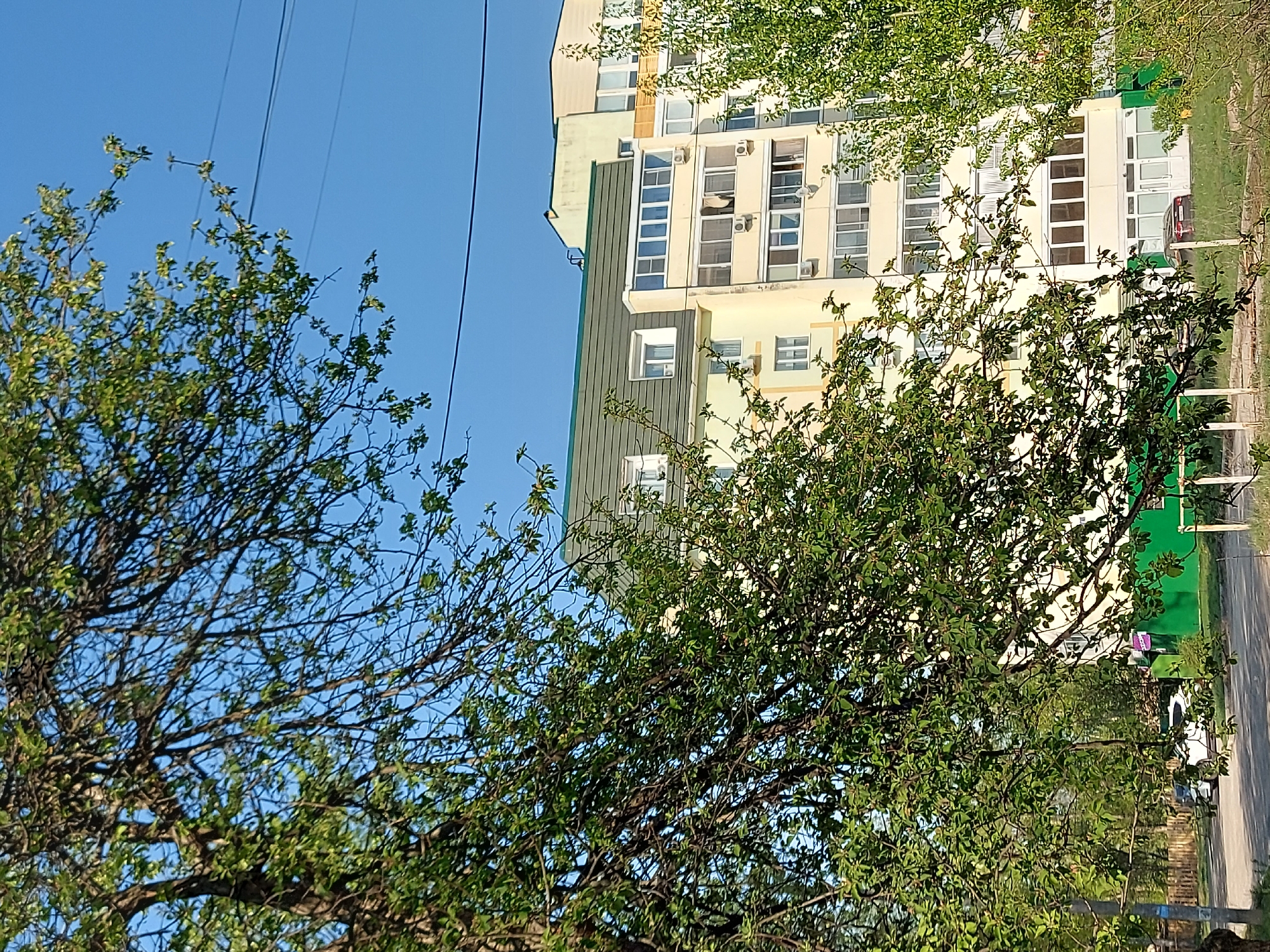 The image presents a view of a multi-story apartment building in Chaikovsky, Russia. The building is predominantly beige with green accents on some portions of the exterior. Trees with green foliage partially obscure the view of the building. Electrical wires are visible against a clear blue sky.