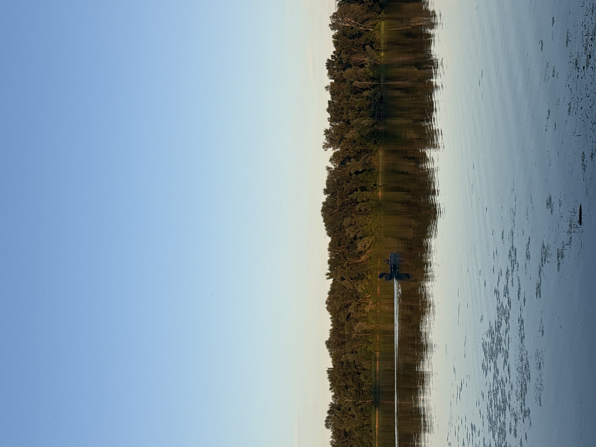 The image depicts a serene natural landscape, likely a body of water near a forested area. The sky is a clear, soft blue, transitioning to a lighter hue near the horizon. A dense line of green trees forms the background, their reflections shimmering on the calm surface of the water. In the middle ground, a small boat with at least two occupants is navigating the water, leaving a gentle wake. The foreground of the water is dappled with patches of aquatic vegetation. The scene suggests a peaceful, possibly early morning or late afternoon setting in a natural environment.
Based on the provided context, this scene is located on the Dnipro River in the city of Dnipro, Ukraine. The dense tree line visible across the river is characteristic of the riverbanks in this region. The boat with occupants suggests recreational activity such as fishing or leisure boating, common on the Dnipro. The clear sky and calm water further indicate favorable weather conditions for such activities.