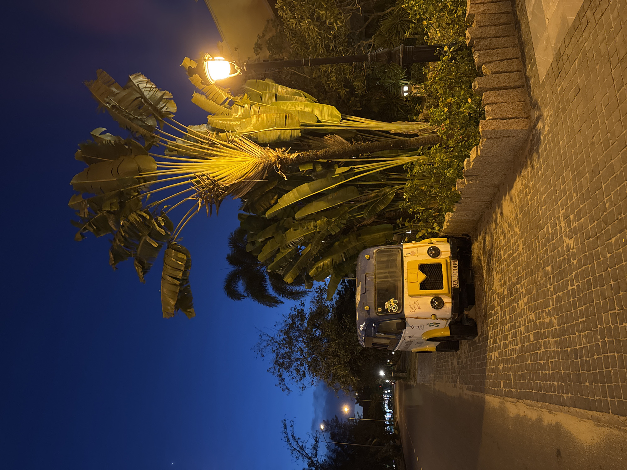 The image depicts a street scene at dusk or night in Đà Nẵng, Vietnam. A yellow and blue utility vehicle is parked on a cobblestone sidewalk alongside a road. The vehicle has a license plate partially visible, "92LD:0004", and various stickers and markings. Lush tropical vegetation, including large fan-shaped leaves of a Traveler's Palm, grows behind a low stone wall, alongside a lamp post illuminating the scene with a warm yellow light. The sky transitions from a deep blue to a lighter hue at the horizon, with streetlights visible in the distance along the road, suggesting urban infrastructure.