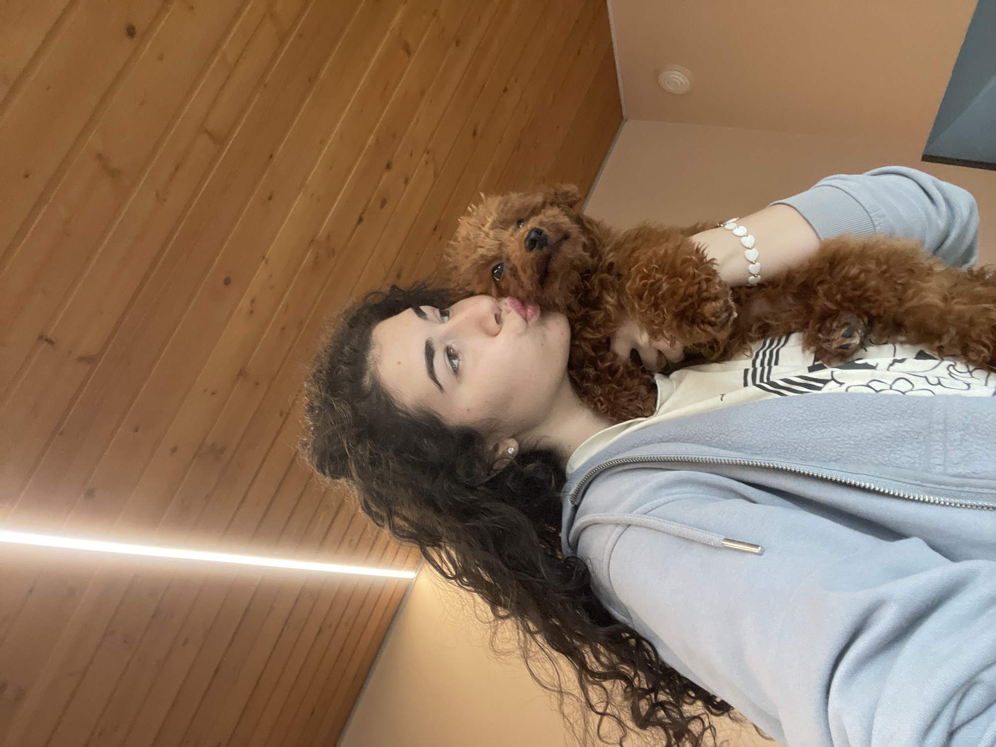 An indoor, diagonally oriented close-up photograph captures a tender moment between a young woman and her dog, likely taken in Sofia, Bulgaria. The primary subjects are a woman with long, dark, curly hair and a small, fluffy, reddish-brown dog, possibly a poodle or doodle. The woman, with fair skin, is seen puckering her lips towards the dog, holding it close to her face in an affectionate gesture. She wears a light grey or blue zipped hoodie over a lighter t-shirt, and a white beaded bracelet with heart-shaped beads is visible on her left wrist. A small, sparkling earring is in her visible ear. The dog looks towards the camera or slightly to the side, nestled against her cheek.
The background features a warm-toned, wooden slatted ceiling or wall, running diagonally across the frame. A bright, linear LED light strip illuminates a section of the wooden surface. A lighter, possibly painted, wall or ceiling section is also visible, with a circular white fixture, likely a vent or recessed light, in the upper right quadrant. The overall lighting is bright and even, highlighting the emotional connection and contentment between the subjects. No text is visible in the image.