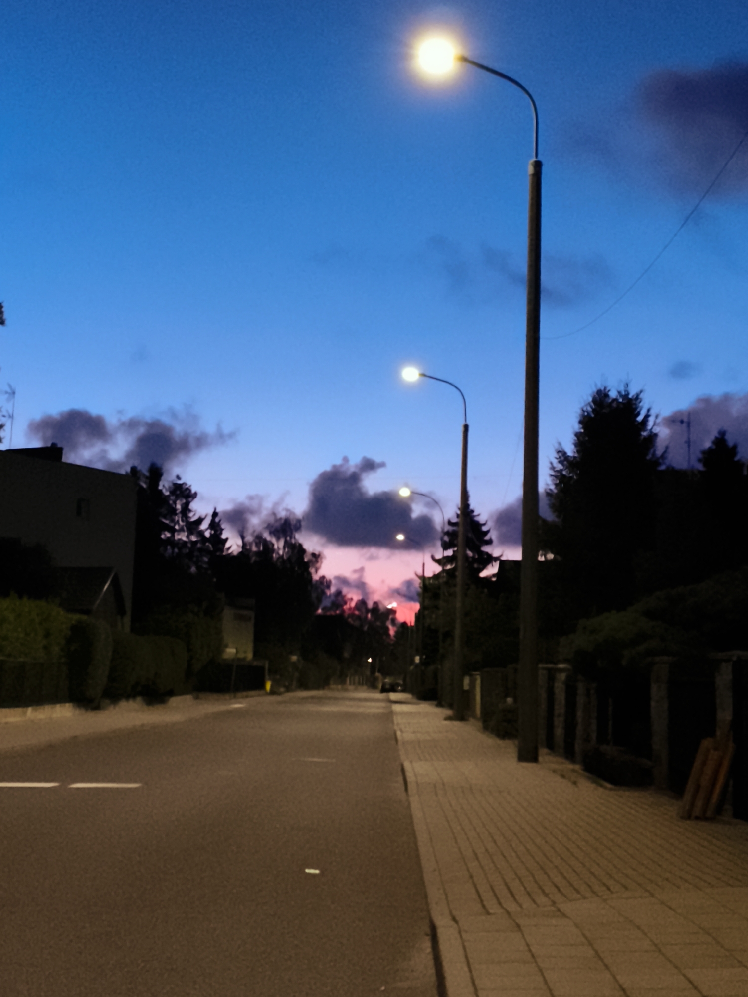 The image captures a street scene in Gdańsk, Poland, during twilight. The sky is a deep blue with streaks of pink and purple clouds near the horizon, indicating the sunset or sunrise. Two streetlights are visible, one prominently in the foreground, casting a warm glow on the surroundings. A paved sidewalk runs along the right side of the street, bordered by a dark fence and trees. The street itself is asphalt with white markings, and it appears to be sparsely populated. On the left side of the street, there is a building with a dark facade and a neatly trimmed hedge. The overall atmosphere is calm and quiet, suggesting a residential area.