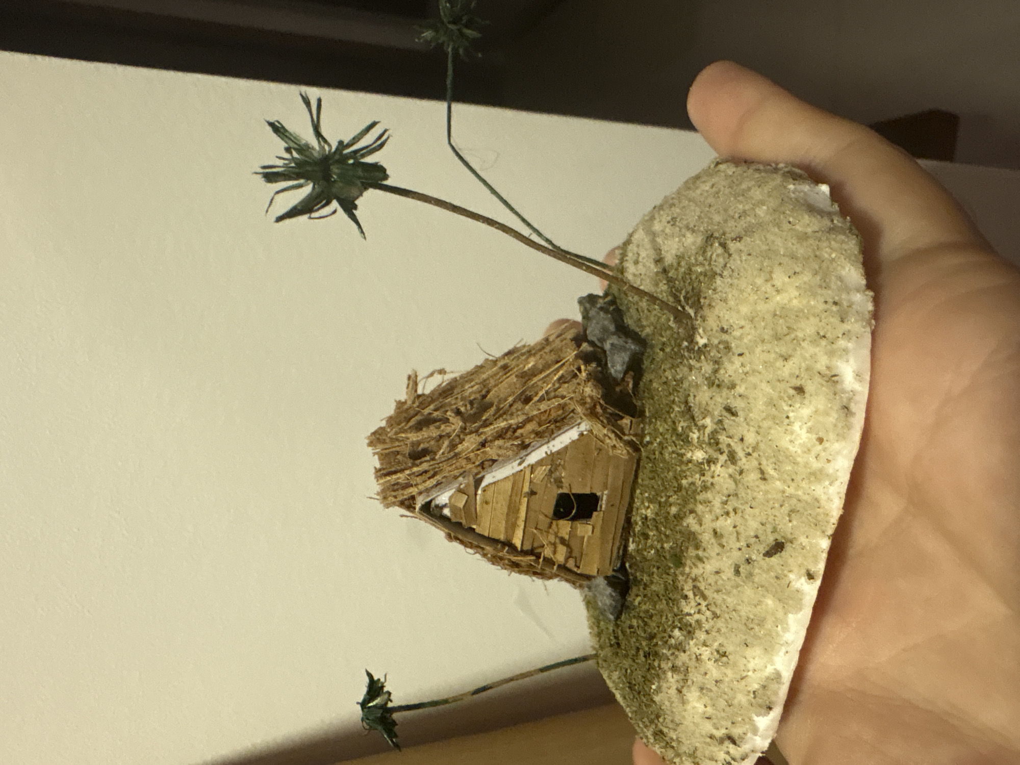 The image shows a miniature diorama of a rustic hut on a sandy island, held in a person's hand. The hut appears to be constructed from small wooden planks and has a thatched roof. It is situated on a base that is covered with sand and sprinkled with green flocking to represent grass. Two small, stylized palm trees are visible, one to the left and one to the right of the hut. The background is a plain, light-colored wall. The diorama is the primary subject of the image, and there is no indication of it being located in Nha Trang Ward, Vietnam.
