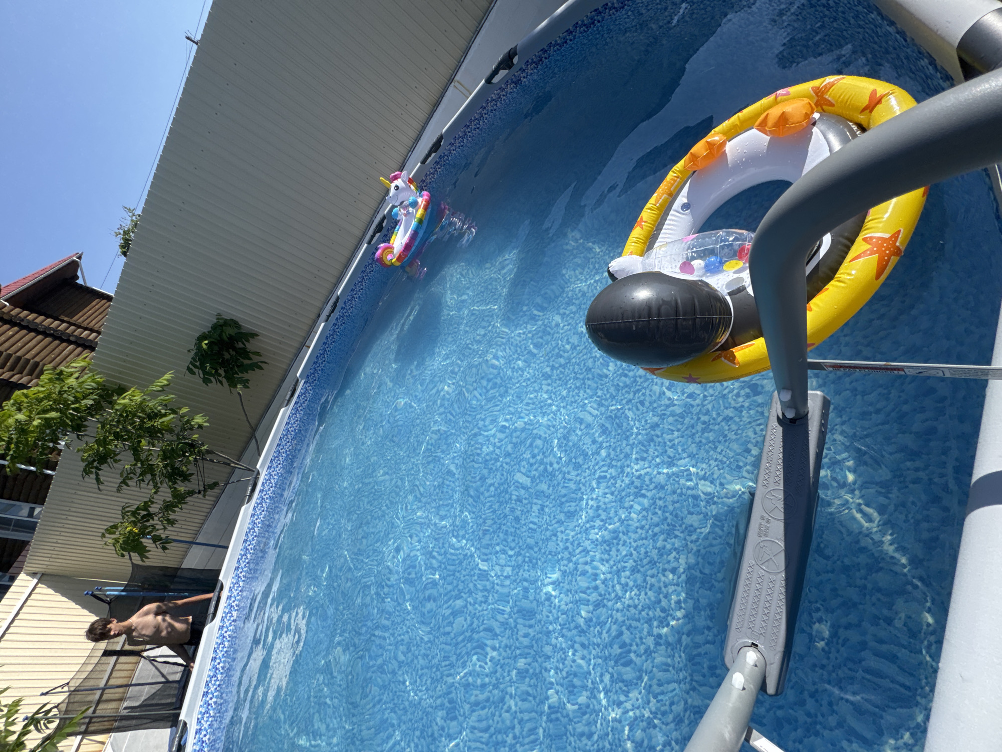 In the city of Dzerzhinsk, Russia, a young male stands on the edge of an above-ground swimming pool, shirtless and wearing dark shorts. The pool water is a vibrant blue with a mosaic tile pattern. Two inflatable pool toys are visible: a unicorn-shaped float and a yellow ring float with a black and white character partially submerged. A gray ladder with textured treads leads into the pool. The background features a light-colored corrugated metal fence, a wooden building, and green foliage under a clear blue sky. The scene appears to be a backyard during daytime.