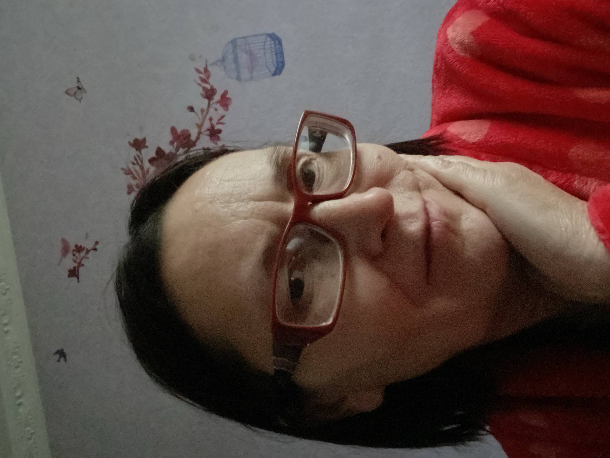 A close-up, slightly angled portrait shows a middle-aged woman with dark hair wearing red-framed glasses and a red, fleece-like garment. Her hand is partially covering her face. The background is a light-colored wall with floral and birdcage decals. The image provides insufficient information to determine a location in Novokuznetsk, Russia.