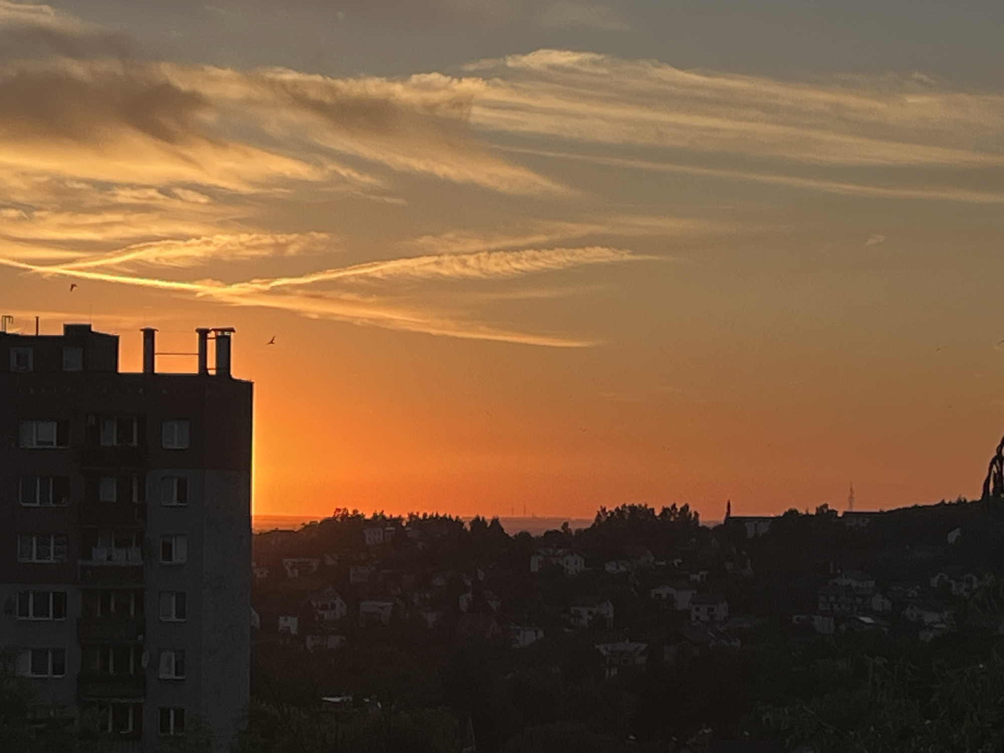This image captures a serene sunset over a residential area. The sky is a vibrant gradient of orange and yellow, with wispy clouds stretched across the horizon, illuminated by the setting sun. The presence of contrails suggests that airplanes have recently passed through the area.
In the foreground, the left side of the frame is dominated by a tall, dark building, likely an apartment complex, with rows of windows visible. On top of this building are two distinct structures, possibly chimneys or ventilation shafts. Several small, dark silhouettes, likely birds, are scattered across the sky.
Below the sky and beyond the building lies a densely populated area of smaller houses, silhouetted against the bright sky. The landscape appears hilly, with trees interspersed among the buildings. In the far distance, faint outlines of what might be industrial structures or taller buildings are visible on the horizon, partially obscured by the haze.
The overall mood of the image is peaceful and tranquil, evoking a sense of calm associated with the end of the day. The warm colors of the sunset create a beautiful and inviting atmosphere. The time of day is clearly sunset, and the weather appears clear with the exception of the clouds and contrails. There is no visible text in the image. The location is not explicitly identified but appears to be a suburban or semi-urban environment.