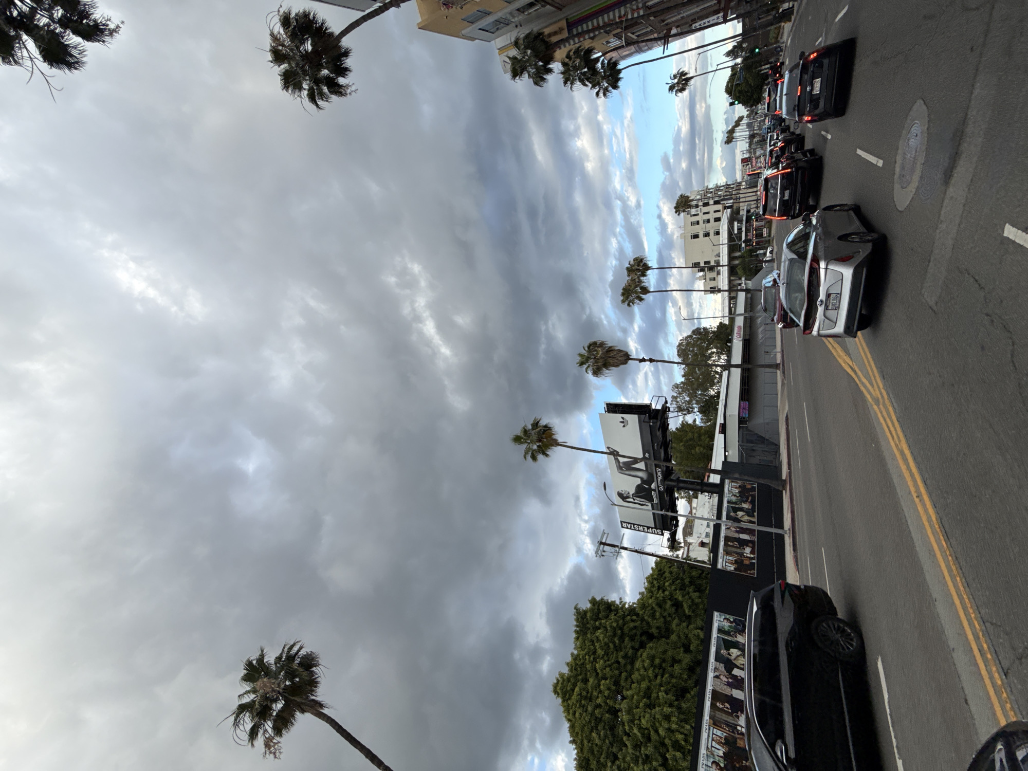 The image captures a street in Los Angeles, California, recognizable by the palm trees and the urban landscape. The sky is overcast with dramatic clouds, hinting at possible inclement weather. Traffic is visible on the street, with cars lined up in the lanes. A large billboard is positioned along the side of the road, featuring an Adidas advertisement. Buildings line the street, displaying typical urban architecture. The image appears to be taken from a ground-level perspective, offering a view of the street scene and the sky.