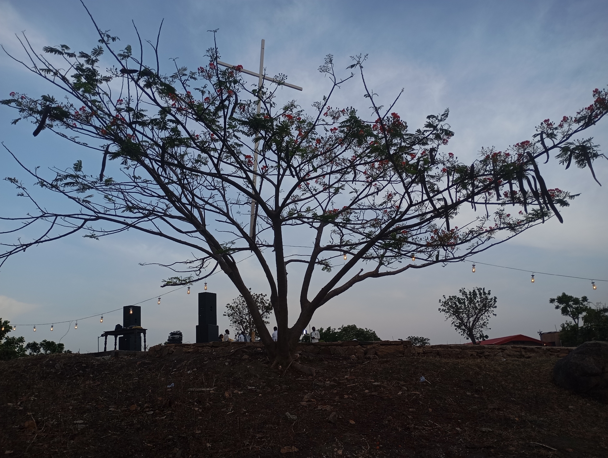 The image shows a gathering at an outdoor event at Uke, Nigeria. A large tree with red flowers and long seed pods dominates the foreground. Behind the tree, a white cross is visible on a rise. A stage setup with sound equipment and string lights is present, and a group of people is visible in the background on the rise. The ground is dirt and the sky is overcast.