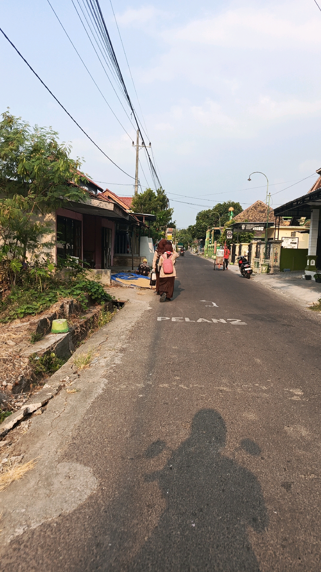 In Cekok, Indonesia, a street scene unfolds under a bright, partially clouded sky. The asphalt road runs through a residential area, lined with buildings and vegetation. On the left, a small, weathered building with a pink facade and a corrugated metal roof stands partially obscured by lush green trees and plants. A concrete drainage ditch runs along the edge of the road in front of this building.
Further down the road, several people are visible. Two individuals, possibly students wearing brown uniforms and one with a pink backpack, walk away from the camera on the right side of the road. Another person in a brown and white patterned outfit is seated near the pink building. In the distance, a person in a red shirt pushes a cart, and a motorcycle is parked on the right side of the street. Several other buildings with tiled roofs and green accents line the street, one of which appears to be a mosque with a green dome. Overhead, a network of electrical wires crisscrosses the sky, supported by utility poles. The road is marked with a white "PELAN" sign, indicating a slow speed zone, and a curved arrow. The shadow of a person on a motorcycle is cast across the road in the foreground. The overall environment suggests a warm, sunny day in a quiet, possibly rural or suburban, Indonesian community.