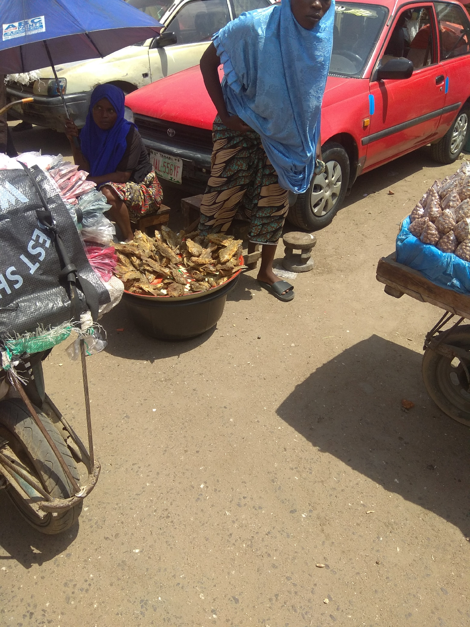 A full-shot image shows a market scene in Jalingo, Nigeria. Two women are the primary subjects, one seated under a blue umbrella and the other standing. The seated woman wears a blue hijab and a patterned skirt, holding the umbrella handle with her left hand. The standing woman is draped in a light blue hijab and a patterned skirt, her body angled towards the right of the frame.
In the background, a red car is parked, its license plate visible and reading "JAL-556YF". Next to the seated woman are several bags of goods, some appearing to be food items packaged in clear plastic. In front of her is a large, dark-colored bowl filled with dried fish. To the right of the standing woman, a cart is laden with more bags of goods, also wrapped in blue plastic. A motorcycle with a visible tire and metal frame is positioned in the lower left corner of the image.
The scene appears to be taking place outdoors during the daytime, indicated by the strong shadows cast on the ground. The ground itself is a dusty, textured surface, typical of an outdoor market. The overall impression is of a busy marketplace where goods are being sold, with the women acting as vendors. The weather seems to be sunny. The image captures a slice of daily life in Jalingo.