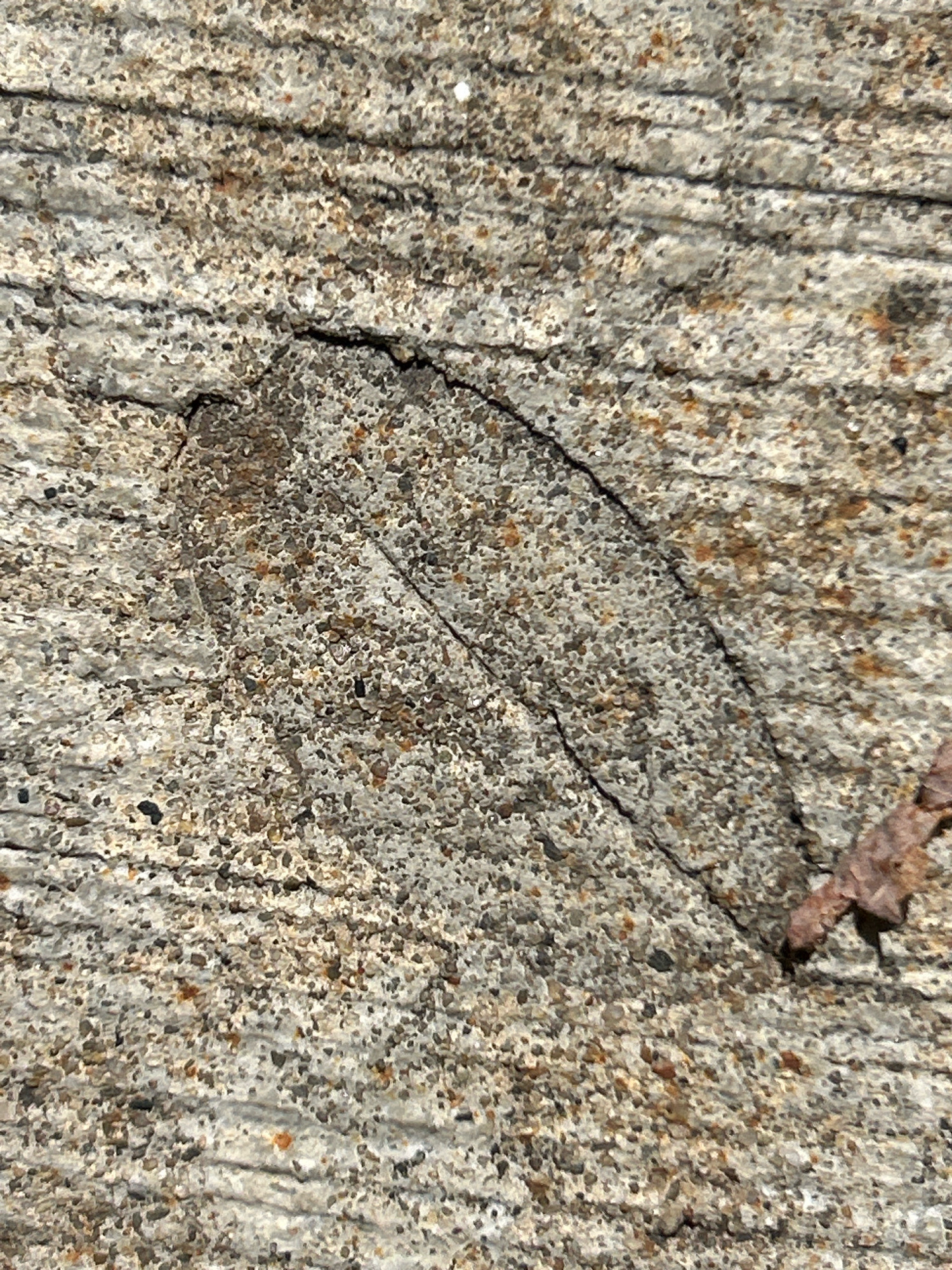 The image shows a close-up, high-angle view of a cracked, textured concrete surface. The concrete is a light gray color with numerous small, dark, and reddish-brown aggregate particles embedded within it, creating a speckled appearance. Several horizontal grooves are visible across the surface, suggesting it may be a sidewalk, a wall, or a similar man-made structure. A prominent crack runs diagonally across the frame, widening in some areas and revealing more of the aggregate. In the upper right portion of the image, a small, dry, brown leaf is partially visible, resting on the concrete. The lighting suggests it is daytime, with shadows indicating the direction of the light source. The image does not depict any people, animals, or specific landmarks, making it impossible to determine the precise location within Robinson Township, United States of America, beyond it being an outdoor concrete area.