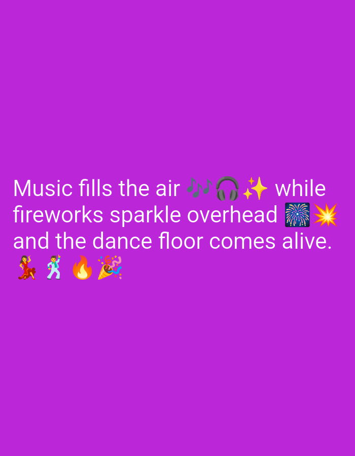 The image is a flat lay of text and emojis on a purple background. The text reads: "Music fills the air πΆπ§β¨ while fireworks sparkle overhead ππ₯ and the dance floor comes alive." The emojis depict musical notes, headphones, sparkles, fireworks, and people dancing. There is no indication of a location in Kebondalem, Indonesia.