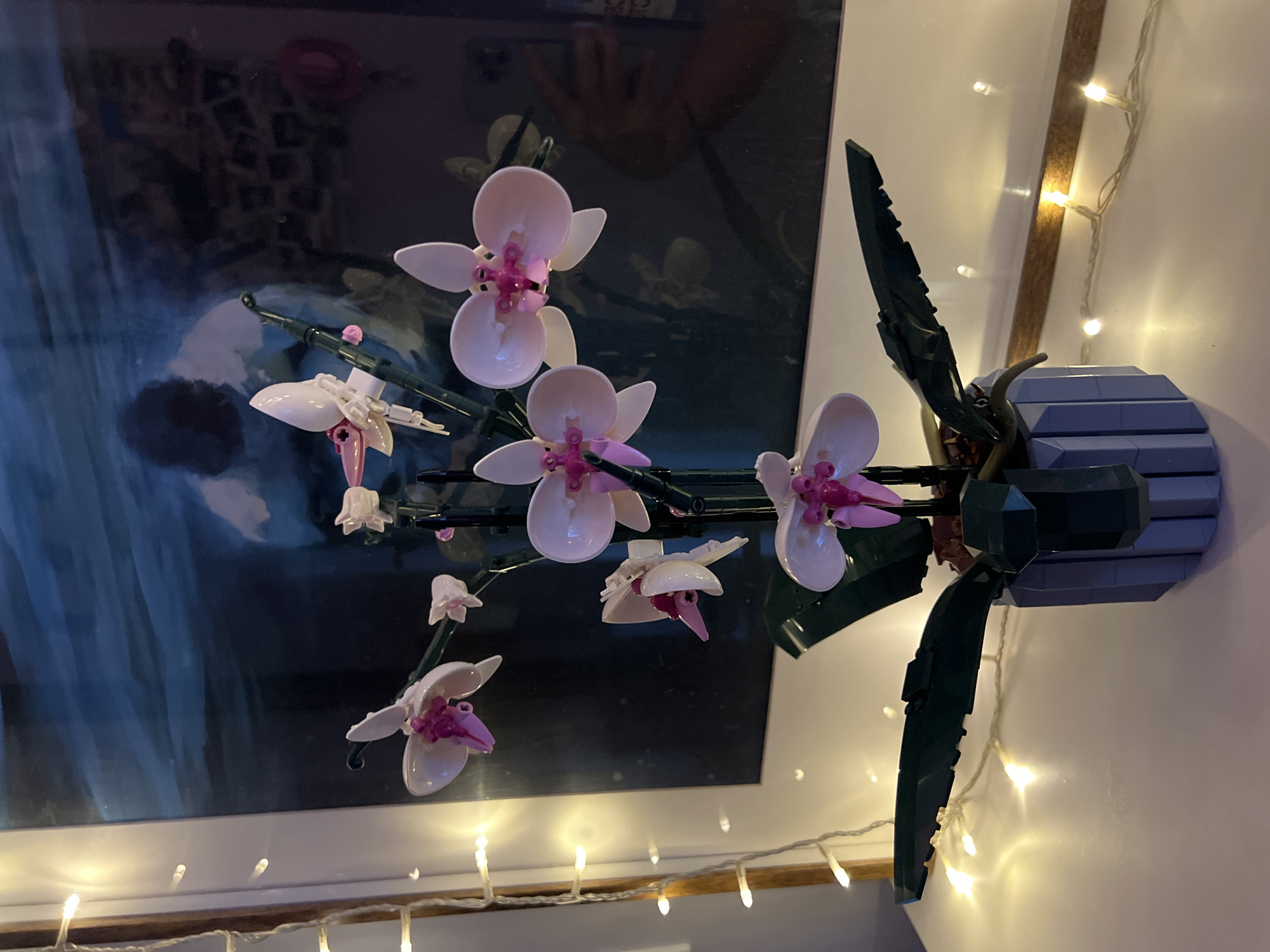 The image shows a LEGO orchid plant in a grey pot placed on a white surface. The orchid has white and pink petals and green leaves. In the background, there is a dark-colored picture frame with a blurry image. A string of fairy lights is draped around the pot and extends to the left side of the frame. The scene is indoors, likely in a home or office, and the lighting suggests it might be evening or nighttime. There are no visible people or specific geographical markers to indicate the city of Khimki, Russia.