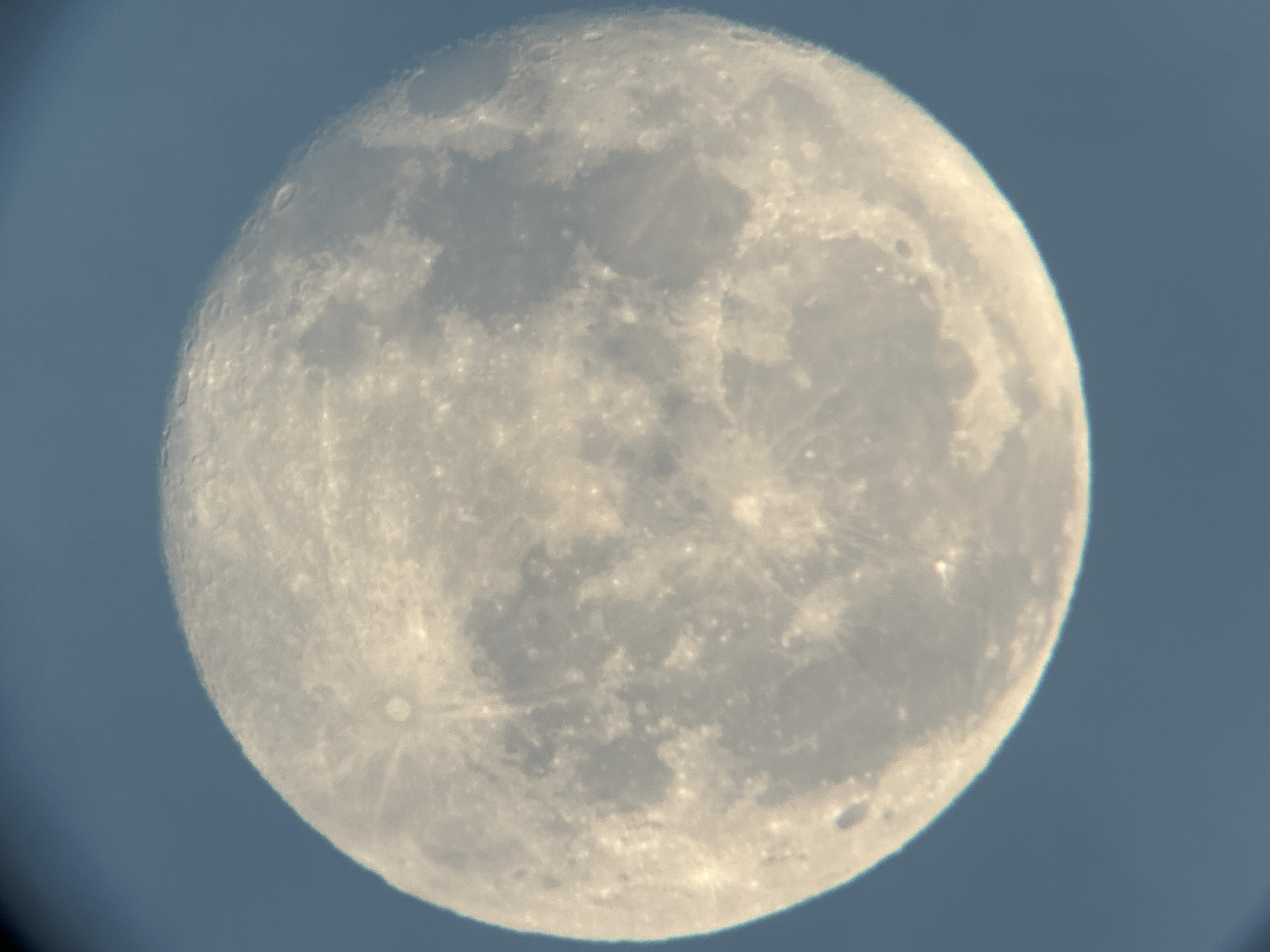 The image displays a close-up view of the moon against a clear blue sky. The moon's surface is detailed, showing craters and darker maria, suggesting it is a full or near-full moon. There are no people, objects, or actions visible in the image. The scene is purely celestial and does not depict any specific location within Lyubertsy, Russia.