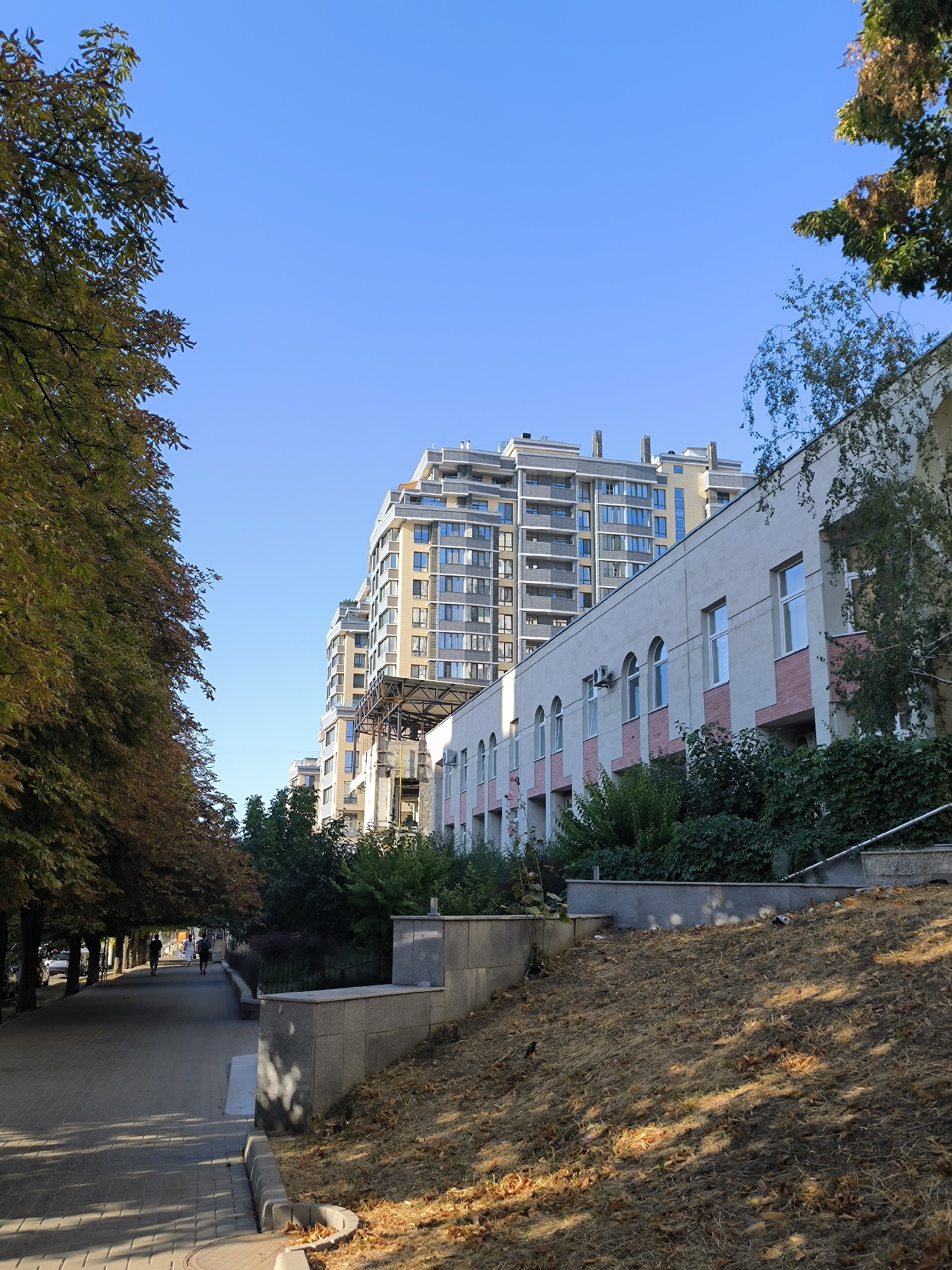 A wide shot captures a tree-lined pedestrian walkway leading towards modern residential buildings under a clear blue sky. The walkway is paved with light gray rectangular tiles, and mature trees with autumnal foliage line the left side. Several people are walking away from the camera on the walkway. On the right, a multi-story building with a pale facade and pink accents features arched windows. Behind it, taller residential buildings with numerous windows and balconies are visible. The ground on the right slopes upwards, covered with dry grass and fallen leaves, with stone retaining walls and benches. Sunlight casts shadows across the walkway and the grassy slope. The scene appears to be in Chișinău, Moldova, specifically along Alexandru cel Bun street, known for its modern architecture and tree-lined promenades.