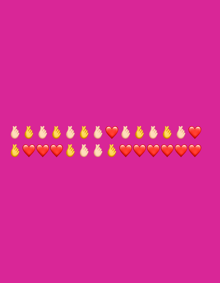 Two rows of emojis are displayed against a fuchsia background. The top row consists of 14 emojis, alternating between finger hearts and red hearts. The bottom row has 13 emojis, also alternating between finger hearts and red hearts. The emojis are evenly spaced and centered horizontally on the background.