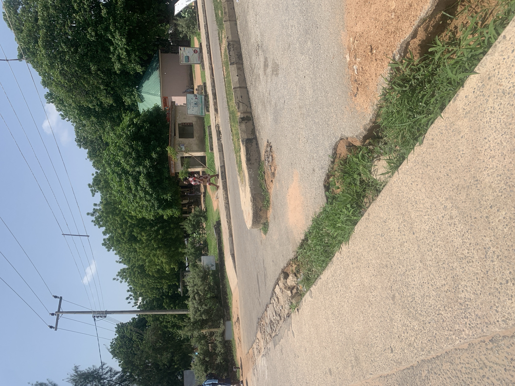 The image depicts a sunny outdoor scene in Jalingo, Nigeria. In the foreground, a concrete sidewalk is visible, with a grassy ditch running alongside it. The ditch appears eroded in places, with exposed soil and rocks. Beyond the sidewalk, a paved road curves to the right, with another concrete curb.
In the midground, a person in a striped dress is walking from left to right on the far side of the road. To the right of this person are two small buildings with green roofs. One building has a sign that reads "StarTimes." There are also several signs and posters displayed. Further back, a tall wooden utility pole with electrical wires stands against a clear blue sky.
The background is dominated by lush green trees, with a few more trees visible on the left edge of the frame. The overall environment suggests a somewhat urban or semi-urban setting with significant vegetation.