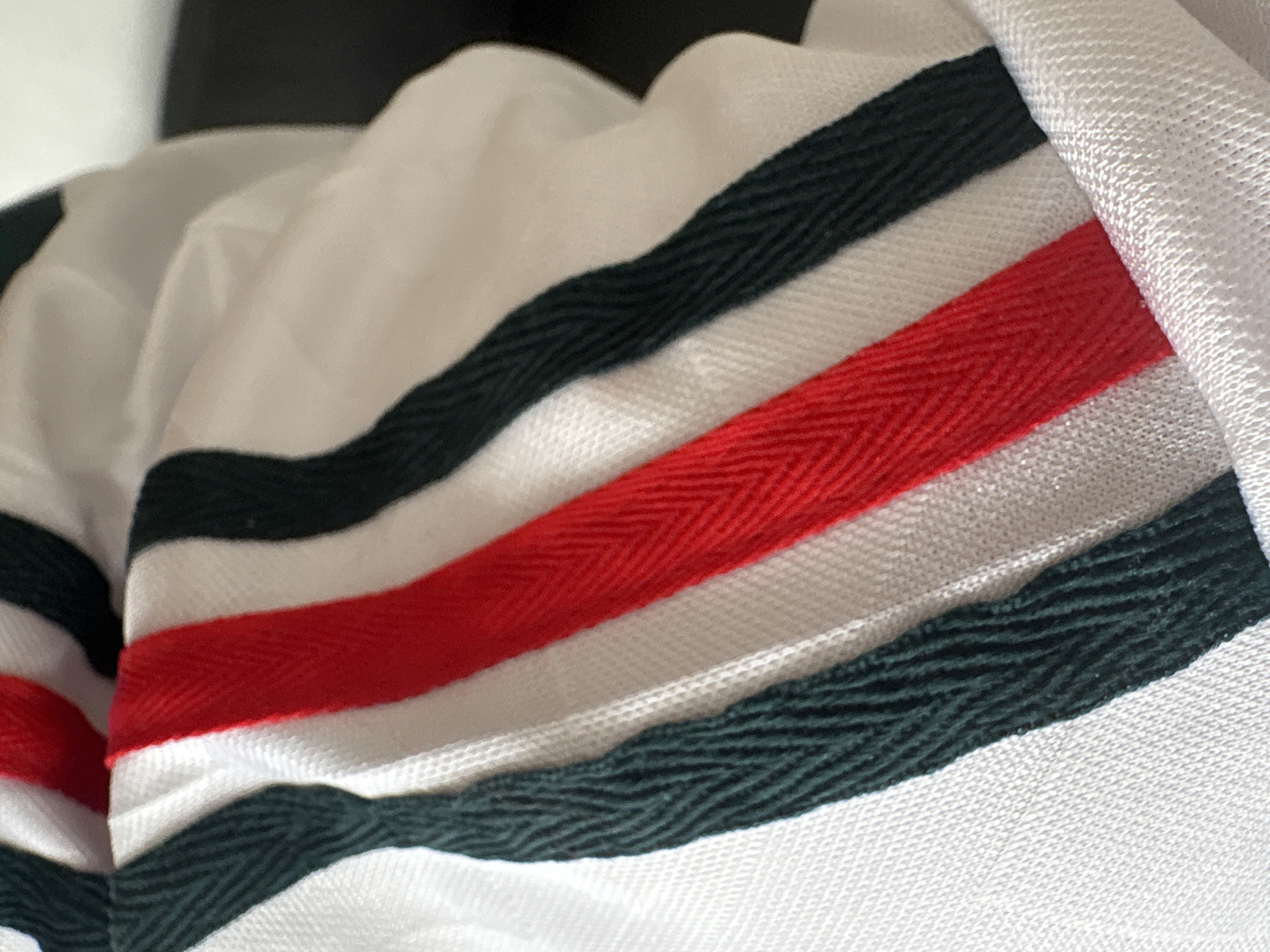 The image shows a close-up of a white fabric with vertical stripes. The stripes are green and red. The fabric appears to be part of clothing or a textile. There is no indication of the location in Mexico City, Mexico, as the image only shows a detail of the fabric.