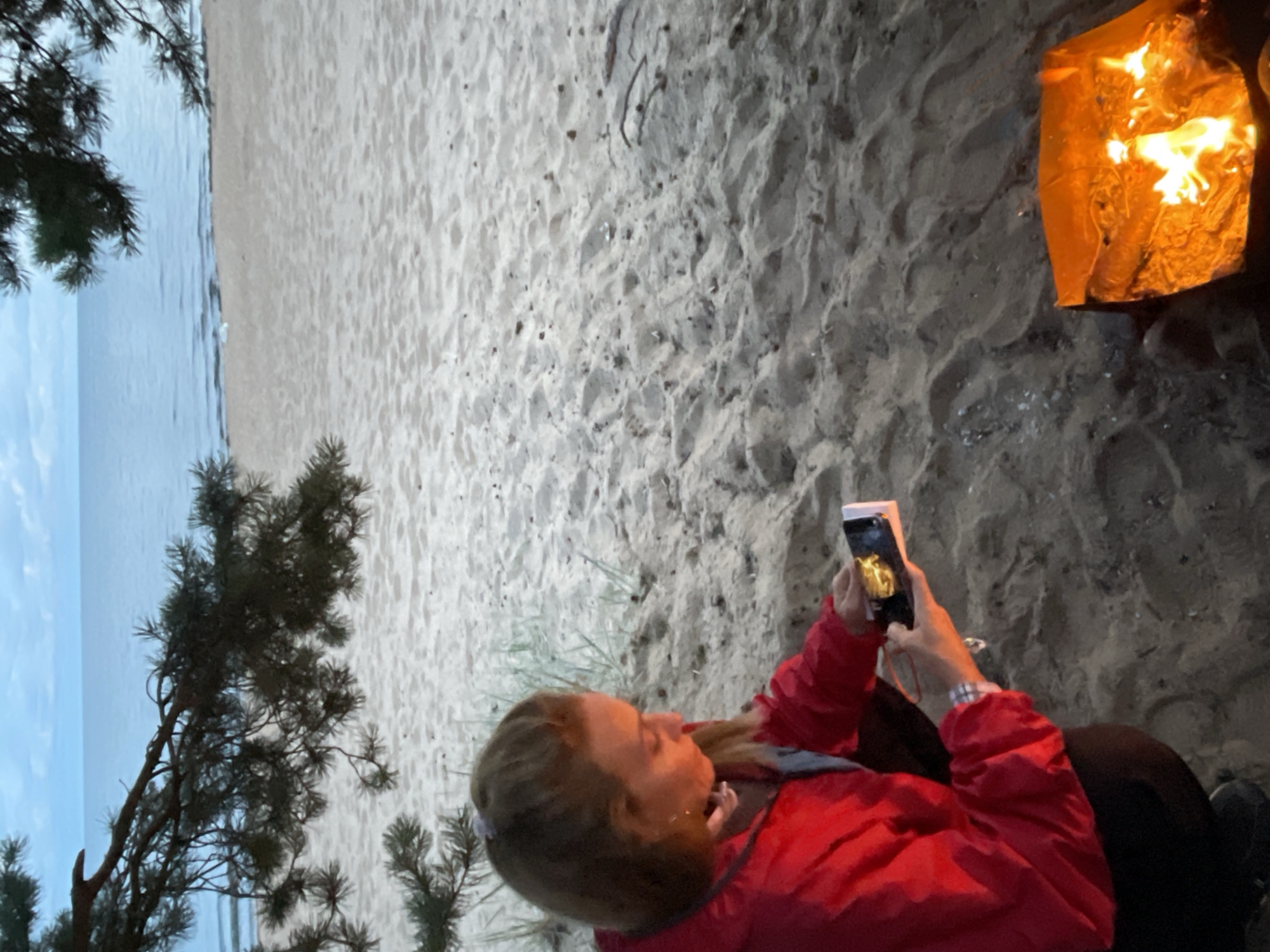 A woman in a red jacket is crouched on a sandy beach, looking at a smartphone she holds in her hands. The phone screen displays an image of flames. Nearby, a metal fire pit contains a small, burning fire with bright orange flames. In the background, the calm sea meets the horizon under a cloudy sky. The scene is framed by the dark branches of a pine tree. The location is Zelenaya Roshcha, Russia.