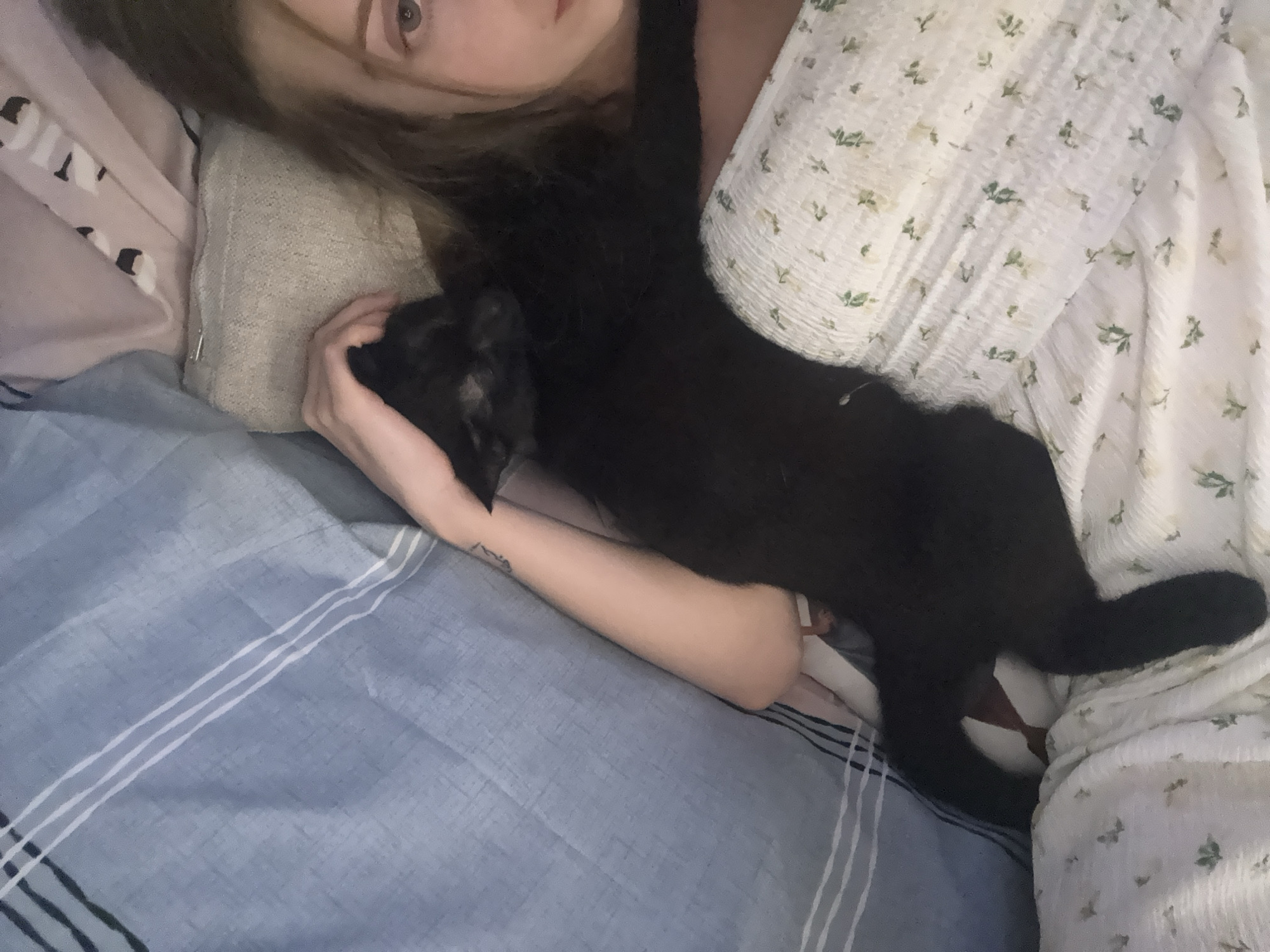 A young woman with long brown hair and light skin is lying down in bed, partially covered by blankets. A black cat is nestled comfortably against her. The woman is wearing a white top with a floral pattern. The bed appears to be in a bedroom. There is no indication of the specific location within Ratsada, Thailand, or any other identifying features of the environment.
