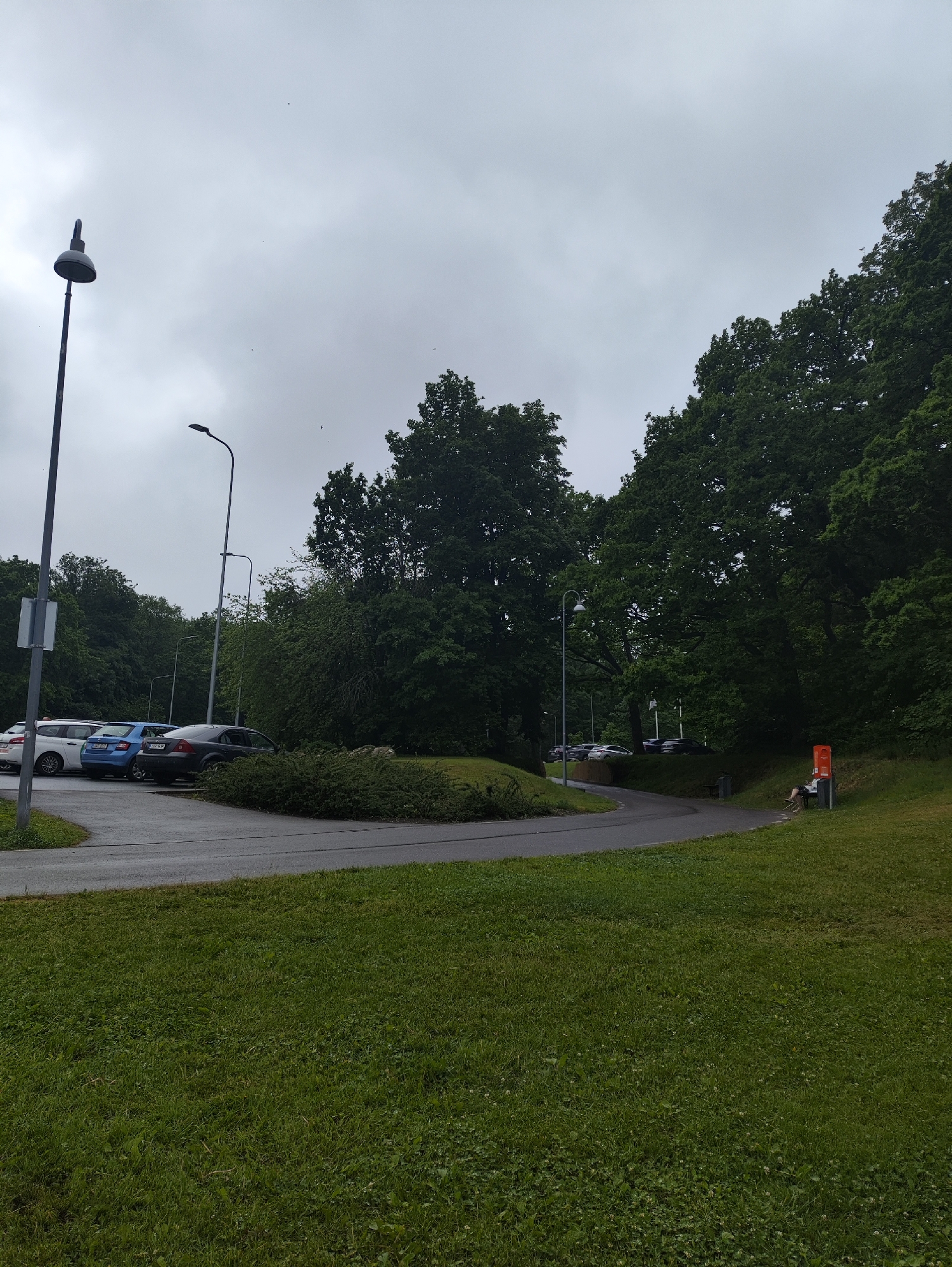 The image depicts an outdoor scene with a parking lot in the foreground and a grassy slope leading up to a wooded area. The sky is overcast with gray clouds. In the parking lot, several cars are parked, including a white SUV, a blue hatchback, and a black sedan. A tall street lamp stands to the left of the parking lot, and another shorter street lamp is visible further down the road. On the grassy slope to the right, a person is sitting on a bench next to an orange structure, possibly a public information kiosk or a charging station. The environment suggests a public park or recreational area within a city, possibly in Tallinn, Estonia, given the presence of typical urban amenities like streetlights and parking. The overall atmosphere is muted due to the cloudy weather.