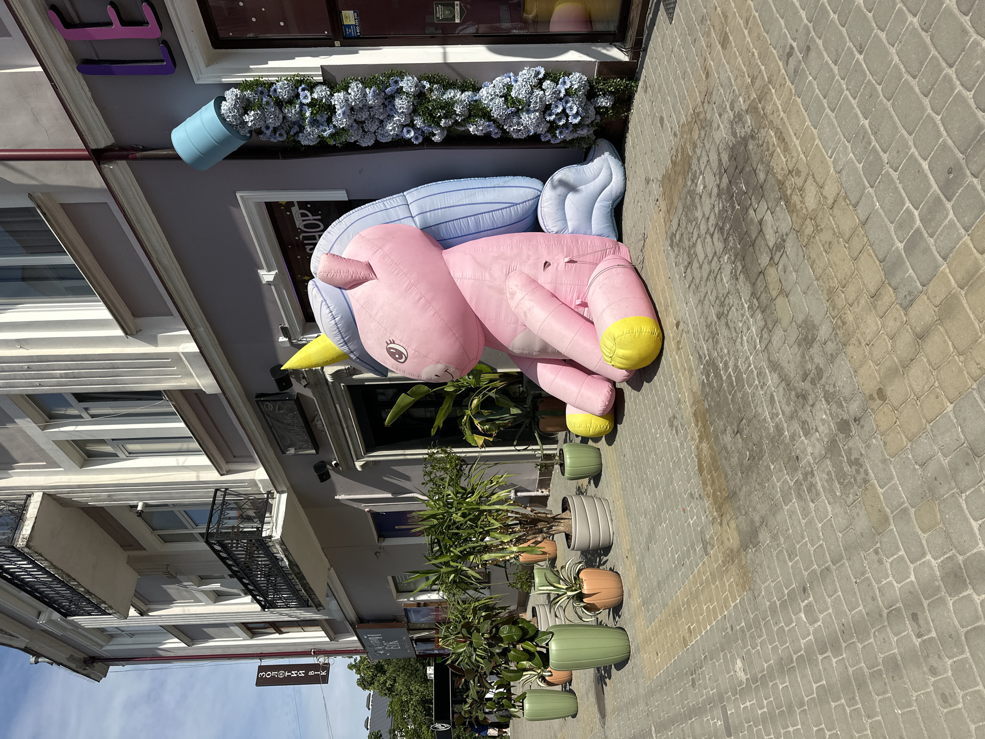 An inflatable pink unicorn with a yellow horn and blue mane is sitting on a cobblestone sidewalk in front of a building. The unicorn is large, taking up a significant portion of the frame. In the background, there is a building with windows, balconies, and a sign that reads "SHOP". To the right of the unicorn, there is a vertical decoration of blue flowers cascading from a light blue cylindrical object. Several potted plants are arranged on the sidewalk to the left of the unicorn. The sky is visible at the top of the image, and it appears to be a sunny day. The overall scene suggests an outdoor decorative display, possibly in a commercial or public area. Based on the context of similar images and common street views in Ternopil, this scene is likely located on or near Ternopil City Hall, on Teatralnaya Square, or a nearby street like Shevchenka Street, given the architectural style and the presence of shops and street decorations.