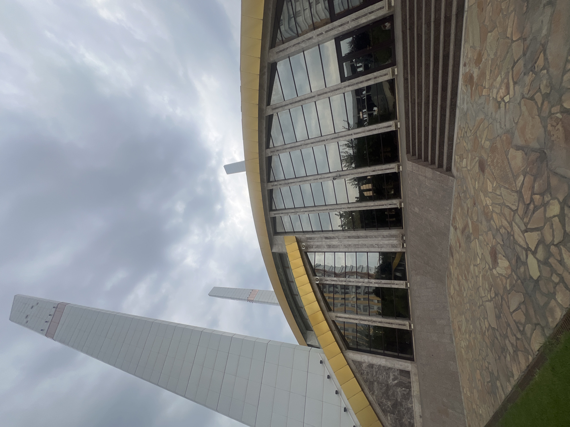 This is a low-angle, eye-level shot of the Argun Mosque complex in Argun, Russia. A tall, white, angular minaret dominates the left side of the frame, reaching into a cloudy sky. To the right of the minaret is the main building of the mosque, featuring a curved, golden roofline and a facade of large, dark glass windows. These windows reflect the cloudy sky and a tall residential building. The building's exterior also includes marble-like stone cladding and textured stone paving leading up a set of stairs. A small, light-colored dog is visible near the entrance of the building. The ground in the foreground is paved with irregularly shaped stones, with a strip of green grass on the far left.